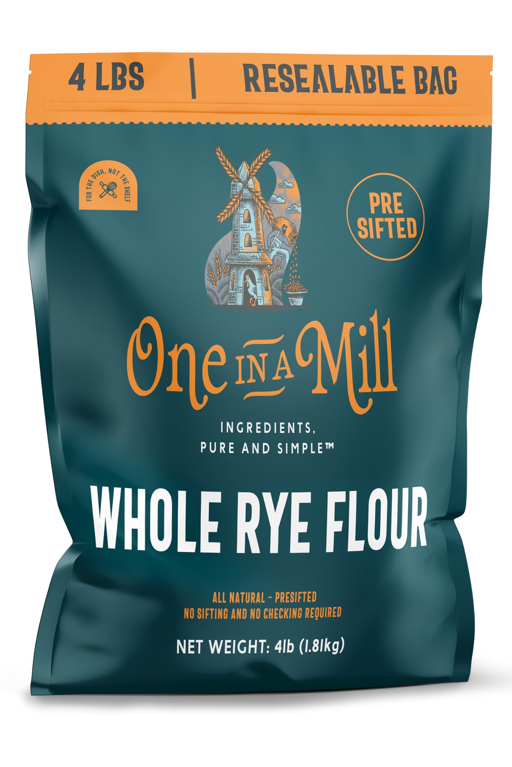 ONE IN A MILL Whole Rye Flour, 100% All-Natural, Unbleached, Pre-sifted, 4LB (64 Ounce)