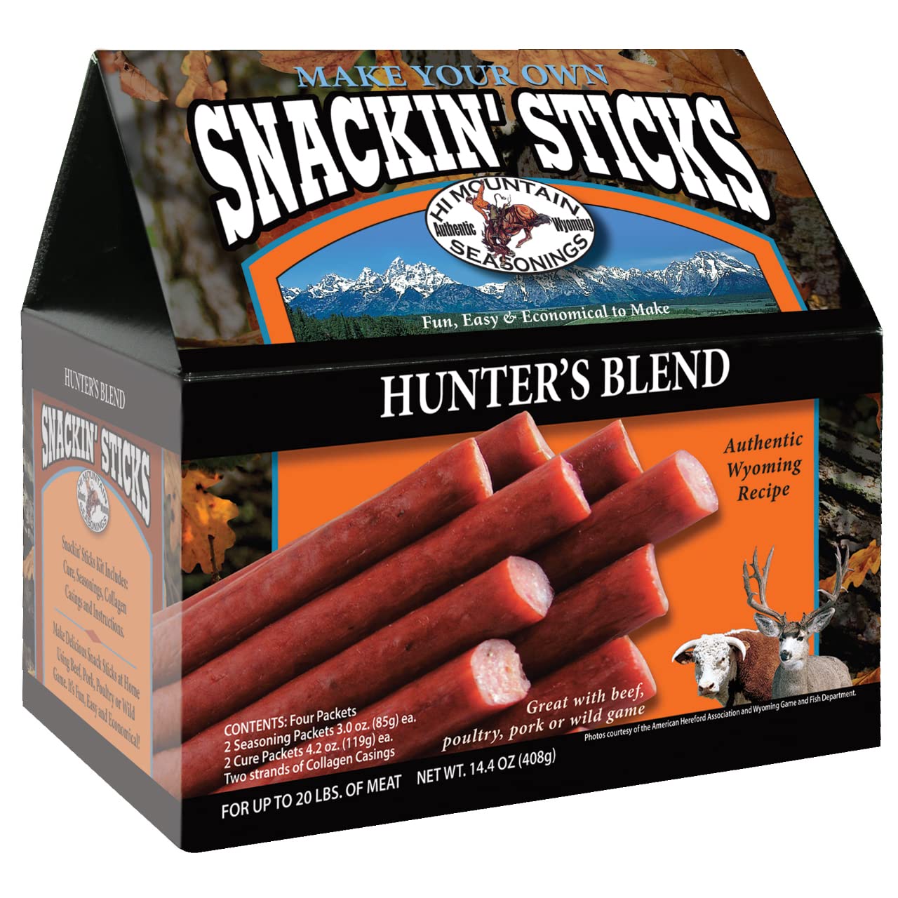 Hi Mountain Snack Stick Seasoning Kit - Hunters Blend, 14.4 oz, Includes Seasoning, Cure, Casings & Directions, For Beef, Pork, Venison, Wild Game
