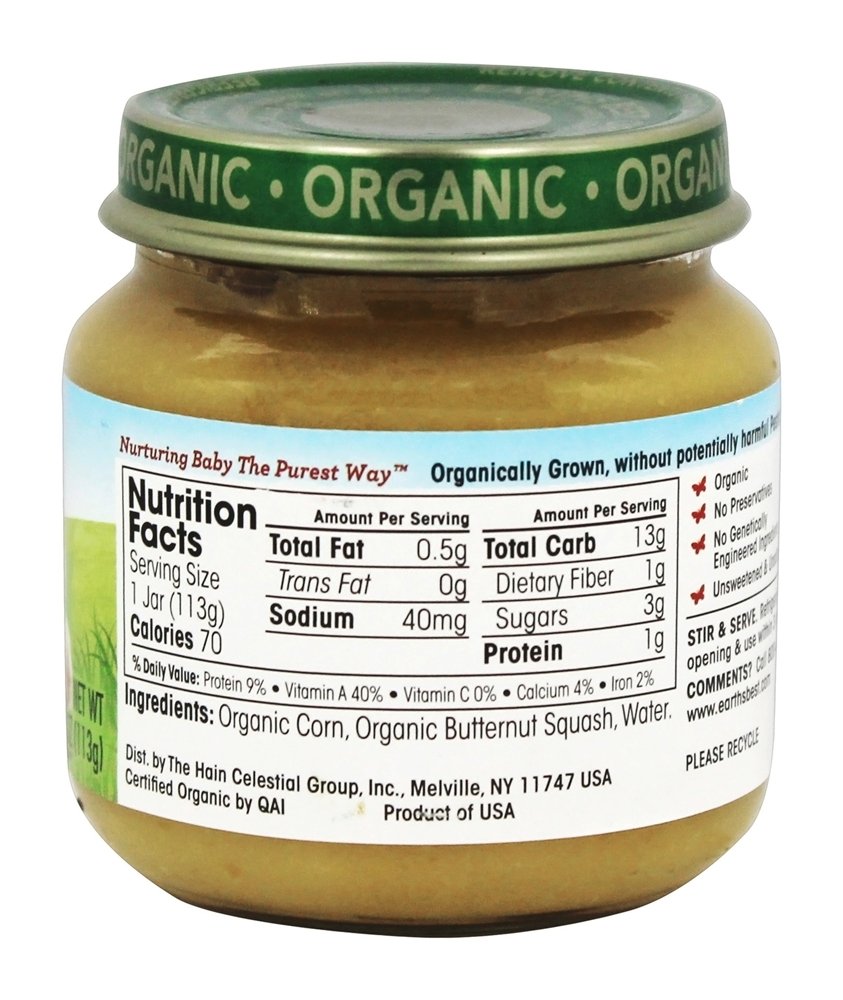 Earth'S Best Organic Baby Food Jars, Stage 2 Vegetable Puree For Babies 6 Months And Older, Organic Corn And Butternut Squash, 4
