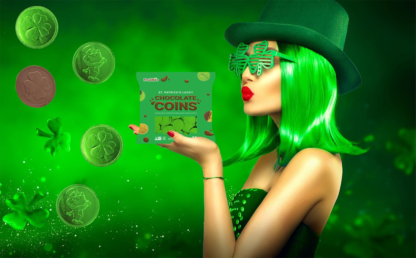 Fruidles Saint Patricks Day Clover Shamrock Green Coins, Nut-Free Candy, Kosher, 25-Pack
