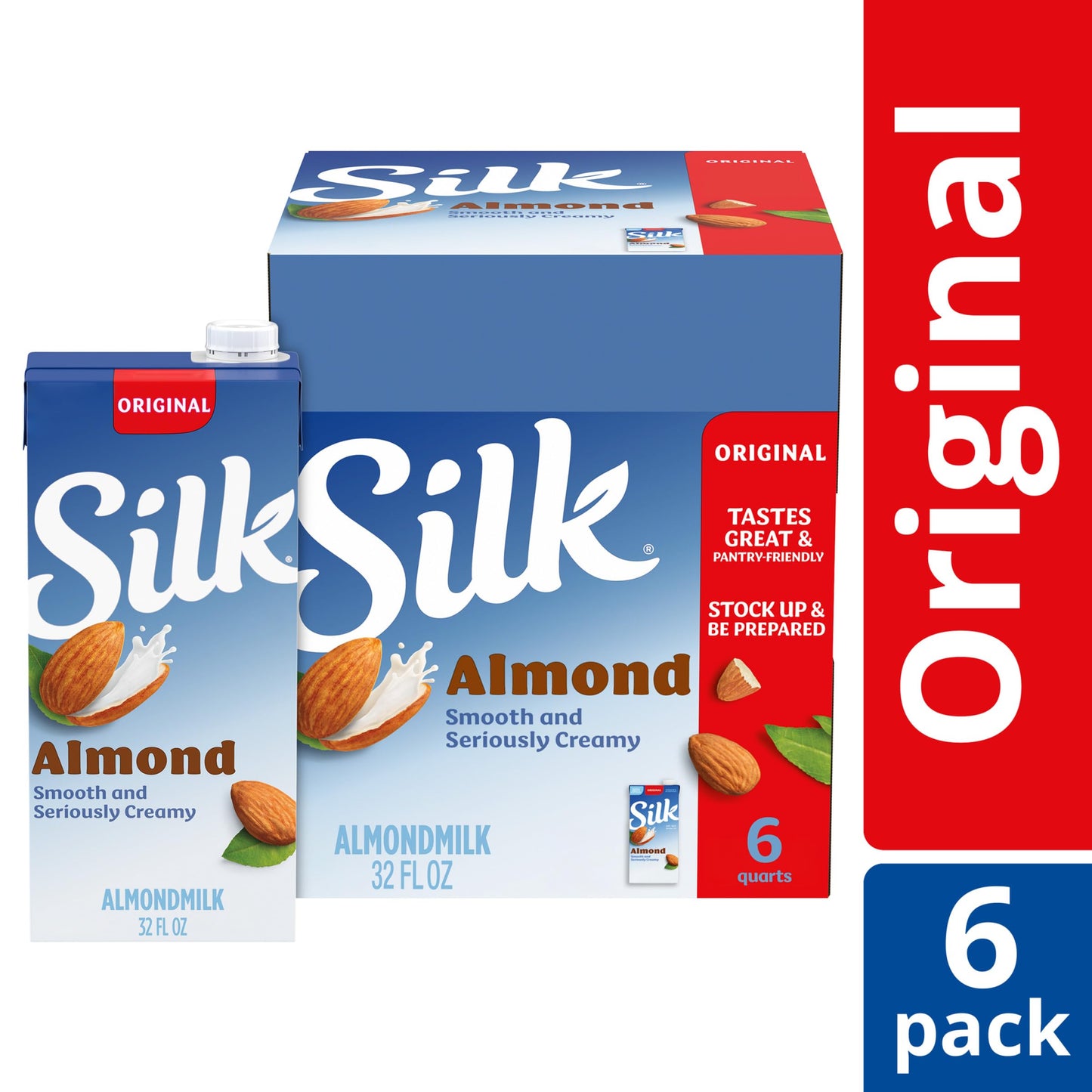 Silk Shelf-Stable Almond Milk, Original, Dairy-Free, Vegan, Non-GMO Project Verified, 1 Quart (Pack of 6)