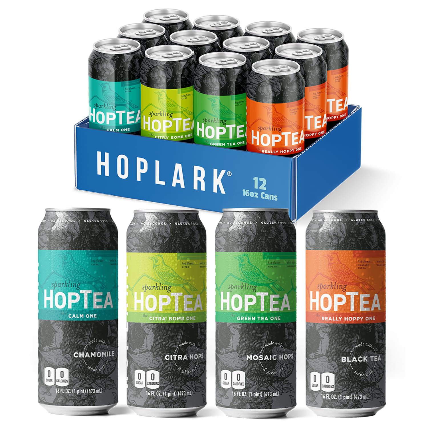 Hoplark Sparkling Hoptea - Sparkling Tea Sampler Featuring Green Tea  White  Black Tea And Chamomile - Zero Calorie - Unsweetened - Caffeinated And Energy Blend-Free - 12 Pack 16Oz Cans - The Core Mixed Pack