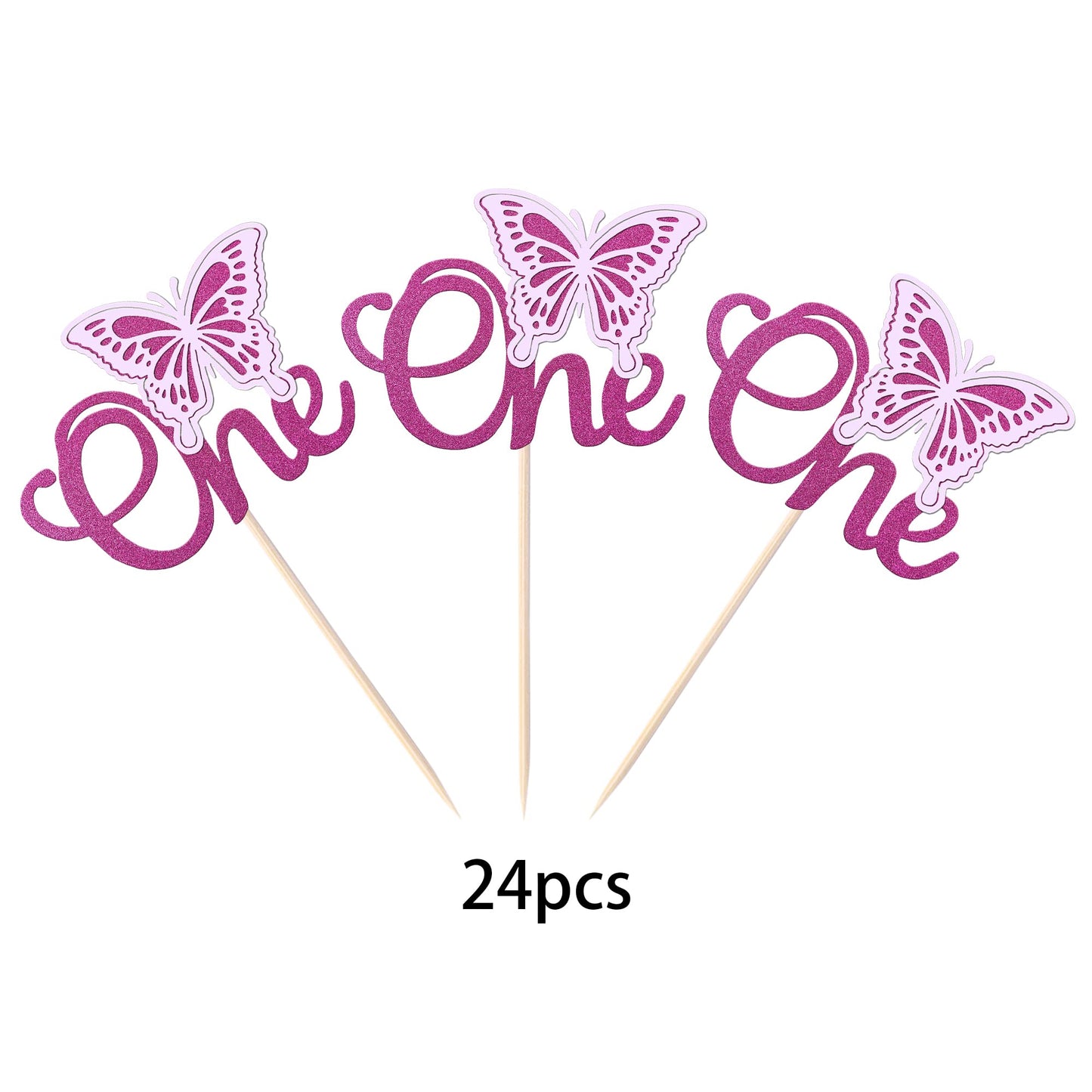 Rssta i Butterfly Cupcake Toppers, 24 Pack, Glitter, First Birthday, Purple, Model XM011