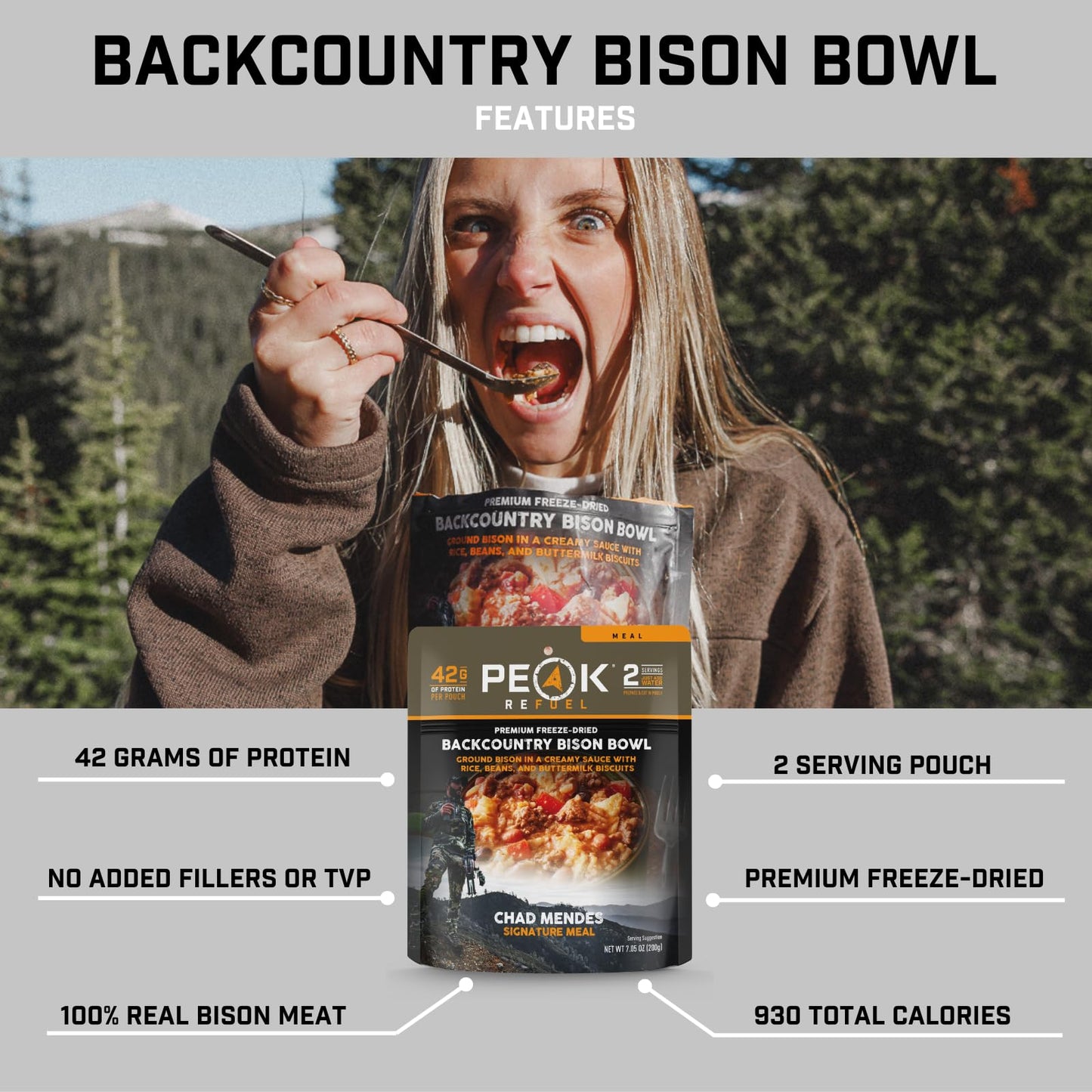 Peak Refuel Backcountry Bison Bowl | Chad Mendes Signature Meal | Premium Freeze-Dried Variety Meals | Hunting, Survival, Campin
