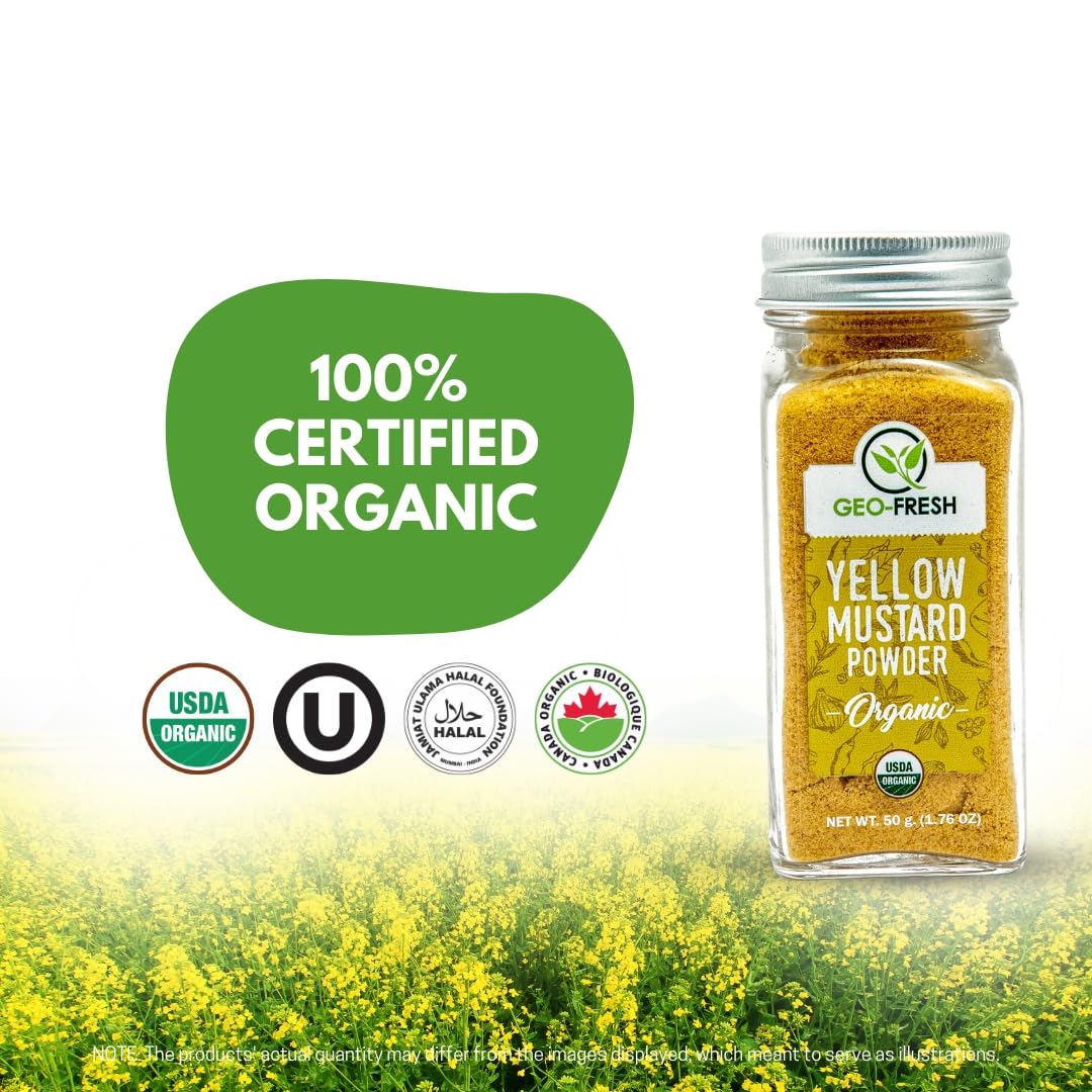Geo-Fresh Organic Yellow Mustard Ground 1.76 Oz (50G), Tangy In Flavour | Dips, Dressings & Marinades | Non-Gmo, Kosher, 100% Or