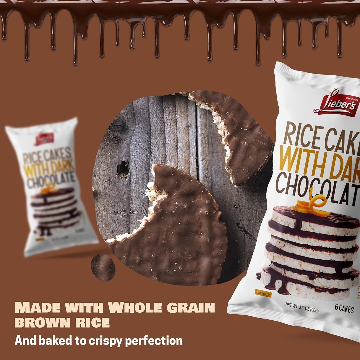 Liebers Dark Chocolate Rice Cakes, Kosher Certified Dairy Free, Gluten Free Snack (Dark Chocolate) Pack Of 8