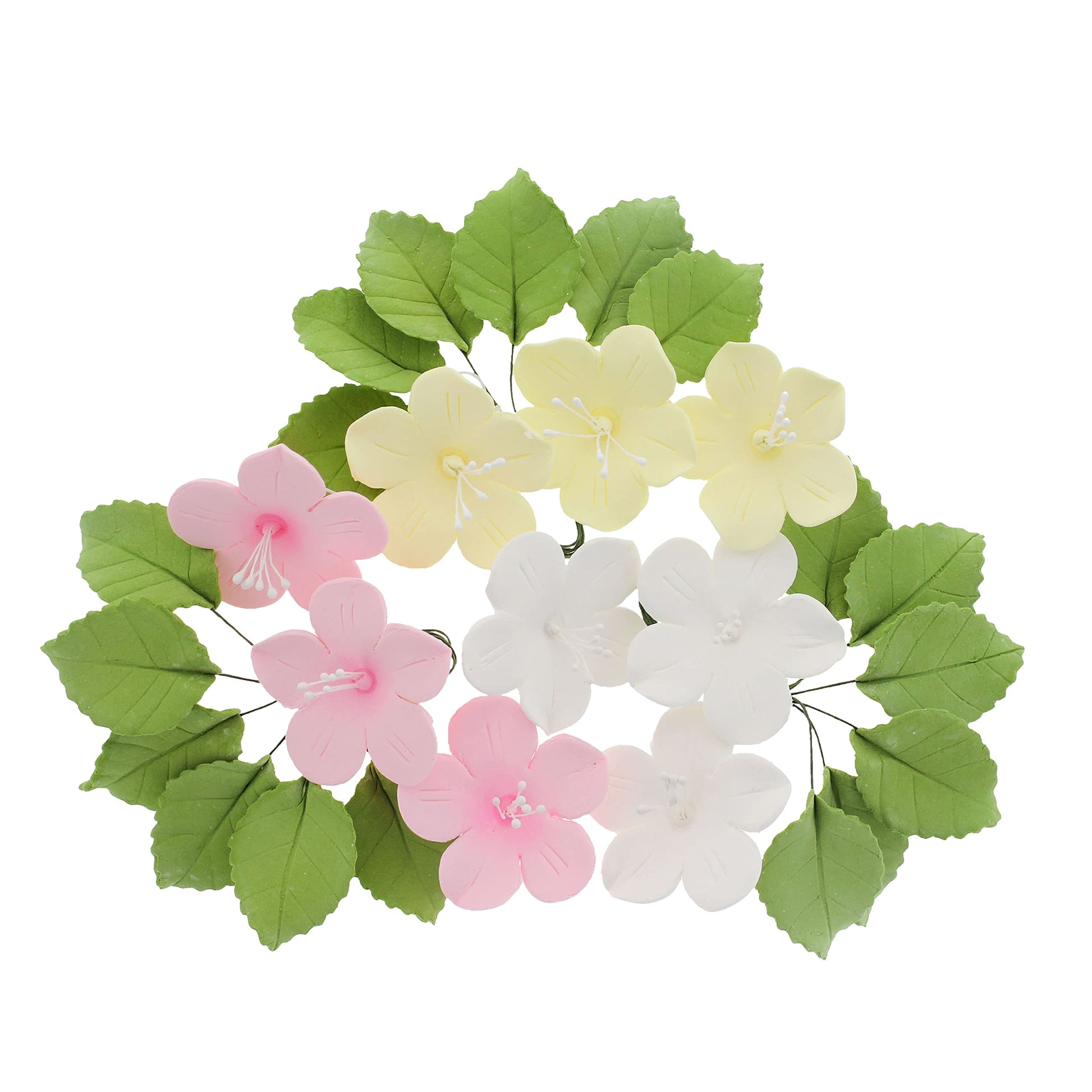 Global Sugar Art Wired Fruit Blossom Sugar Cake Flowers, Assorted Colors, 18 Count with Leaves by Chef Alan Tetreault