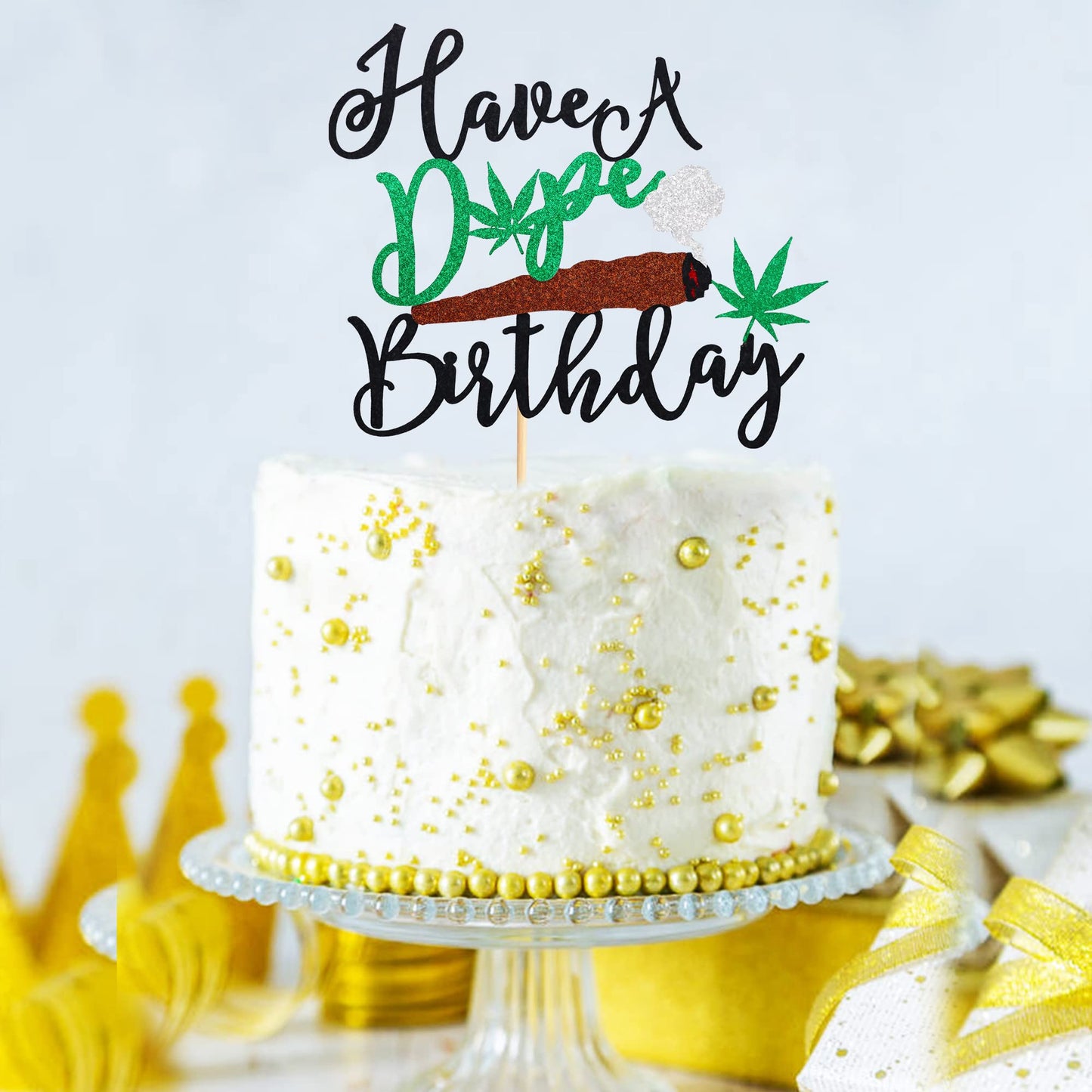 Arthsdite Have A Dope Birthday Cake Topper Pot Leaf   Leaves Happy Birthday Cake Decoration   Dope 420 Birthday Party Supplies For Man Women - Black Green Glitter