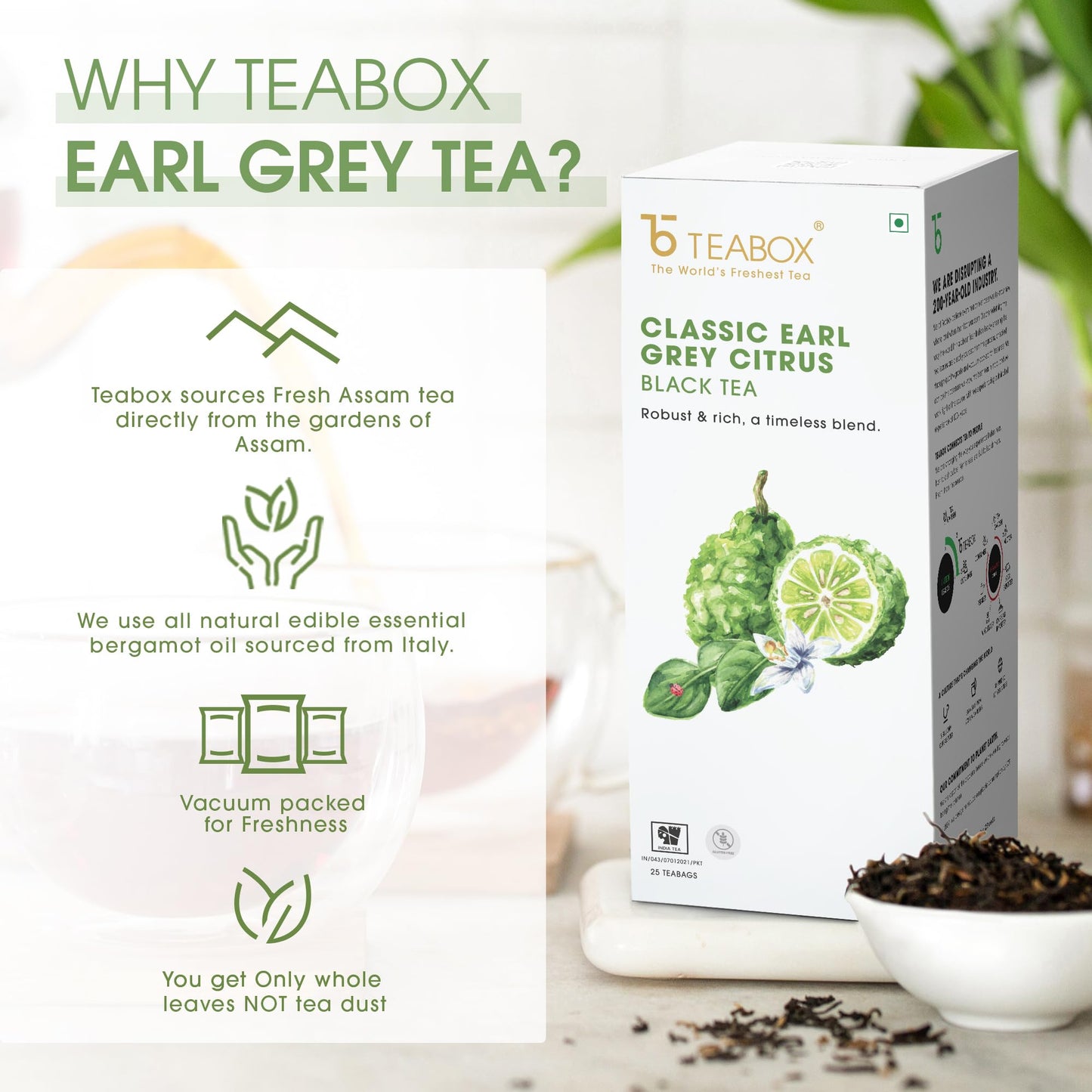 Teabox Premium Earl Grey Tea - Whole Leaf Black Tea with Bergamot - 25 Count - Earl Grey 25 Teabags