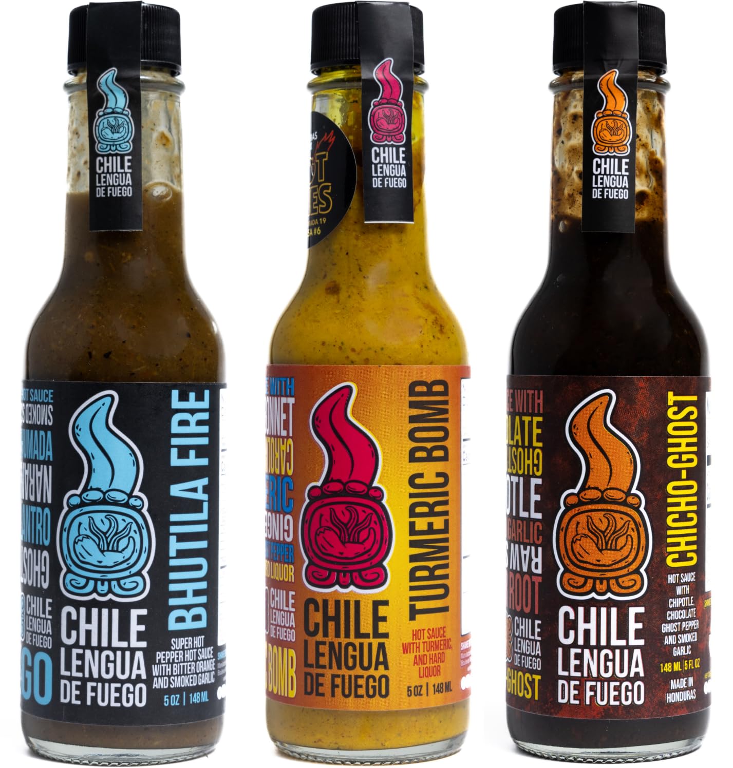 Chile Lengua de Fuego Spicy Trio Hot Sauce Variety Pack - Bhutila Fire, Turmeric Bomb, Chicho-Ghost - 3-Pack Gift Set