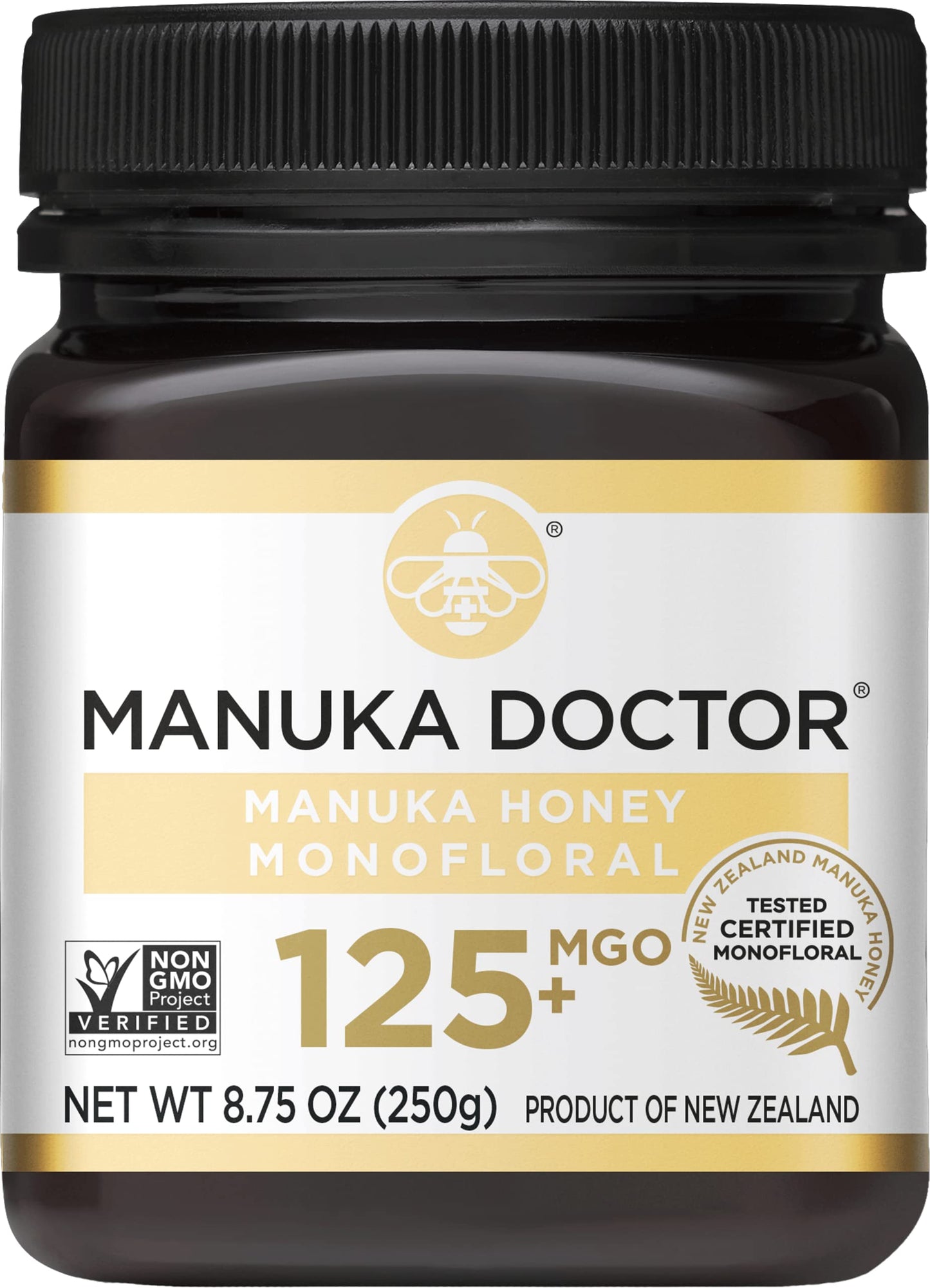 MANUKA DOCTOR - MGO 125+ Manuka Honey Monofloral, 100% Pure New Zealand Honey. Certified. Guaranteed. RAW. Non-GMO (8.75 oz)