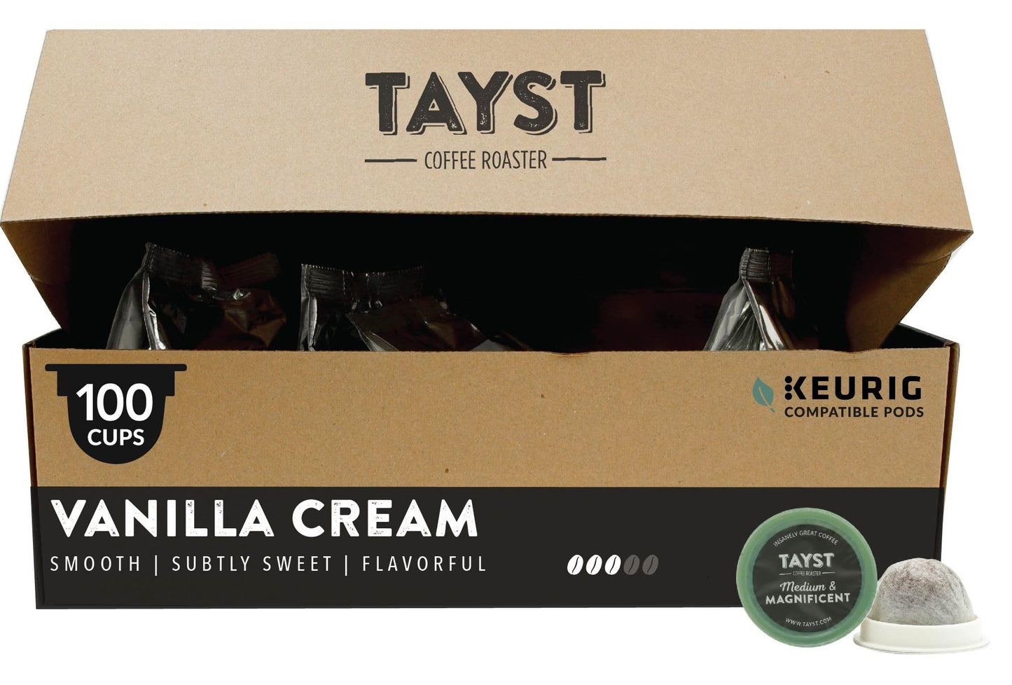 Tayst Coffee Pods, Medium Roast Vanilla Cream, K Cups Compatible, 100 Count, Brown