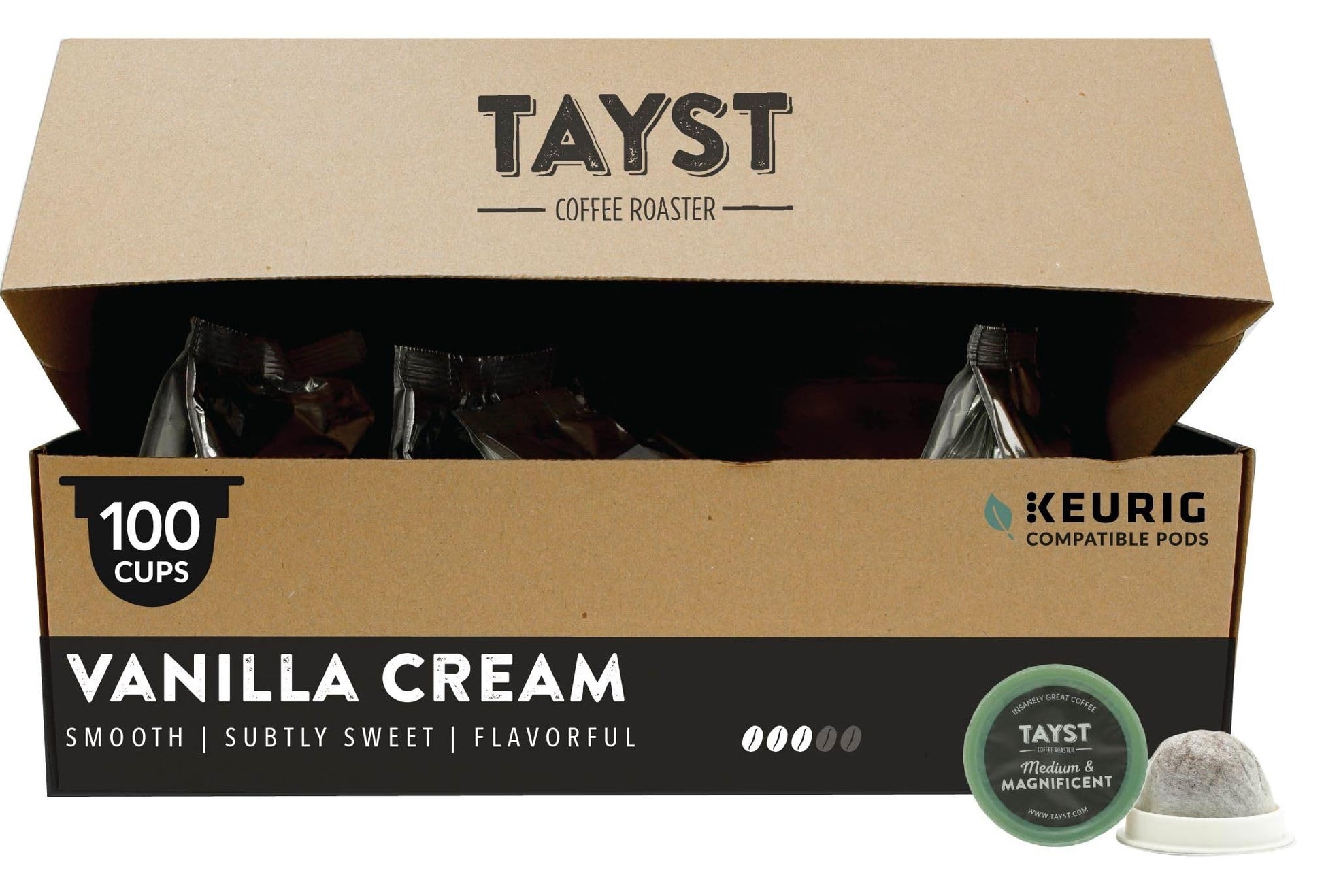 Tayst Coffee Pods, Medium Roast Vanilla Cream, K Cups Compatible, 100 Count, Brown