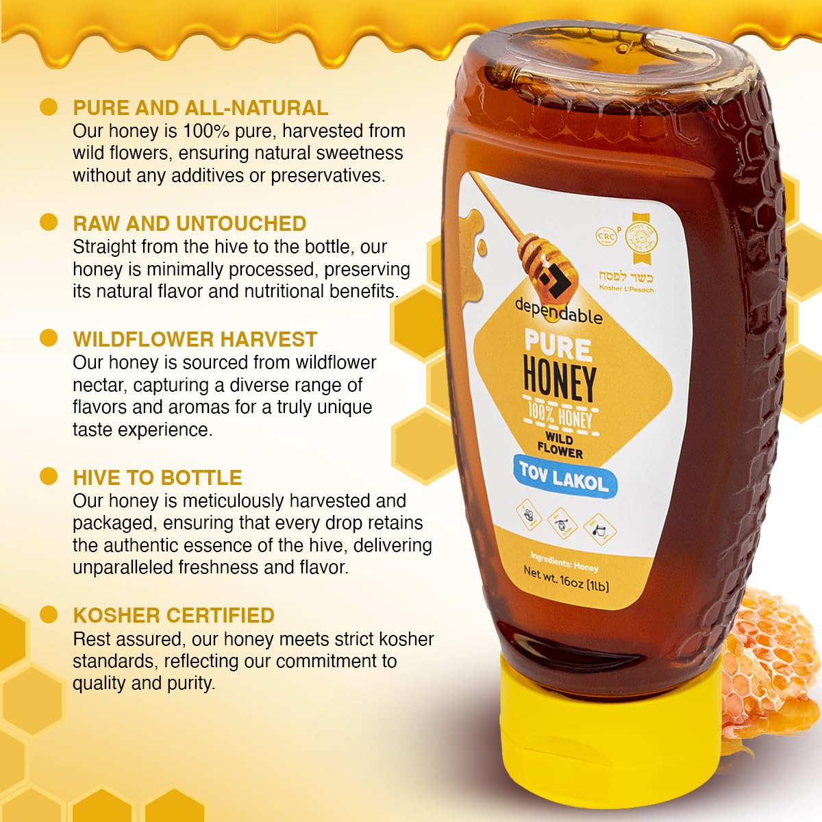 Dependable Food Raw Honey - 16 Oz. Squeeze Bottle - 100% Pure, Raw, All Natural, Wildflower Honey - Hive To Bottle