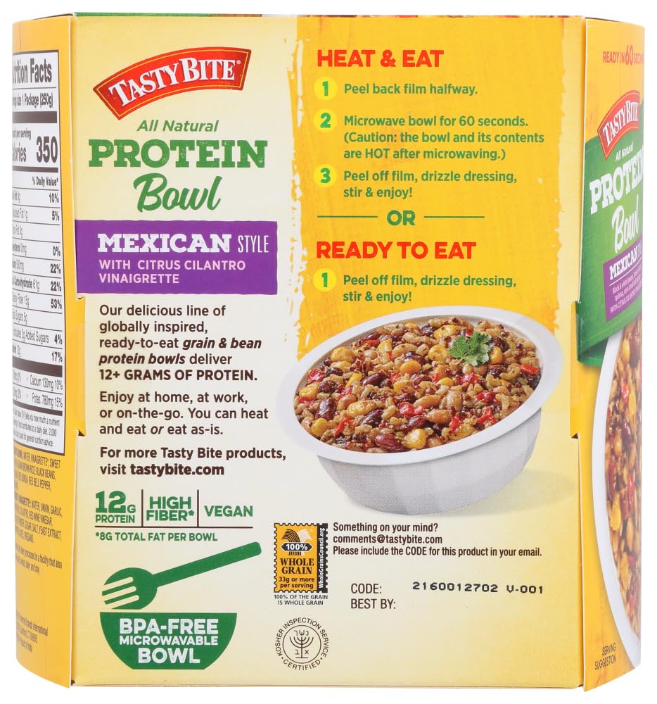TASTY BITE Mexican Protein Bowl, 8.8 Ounce, Pack of 6, Ready to Eat, Microwaveable, Vegan, 12g Plant Protein, Tangy Citrus