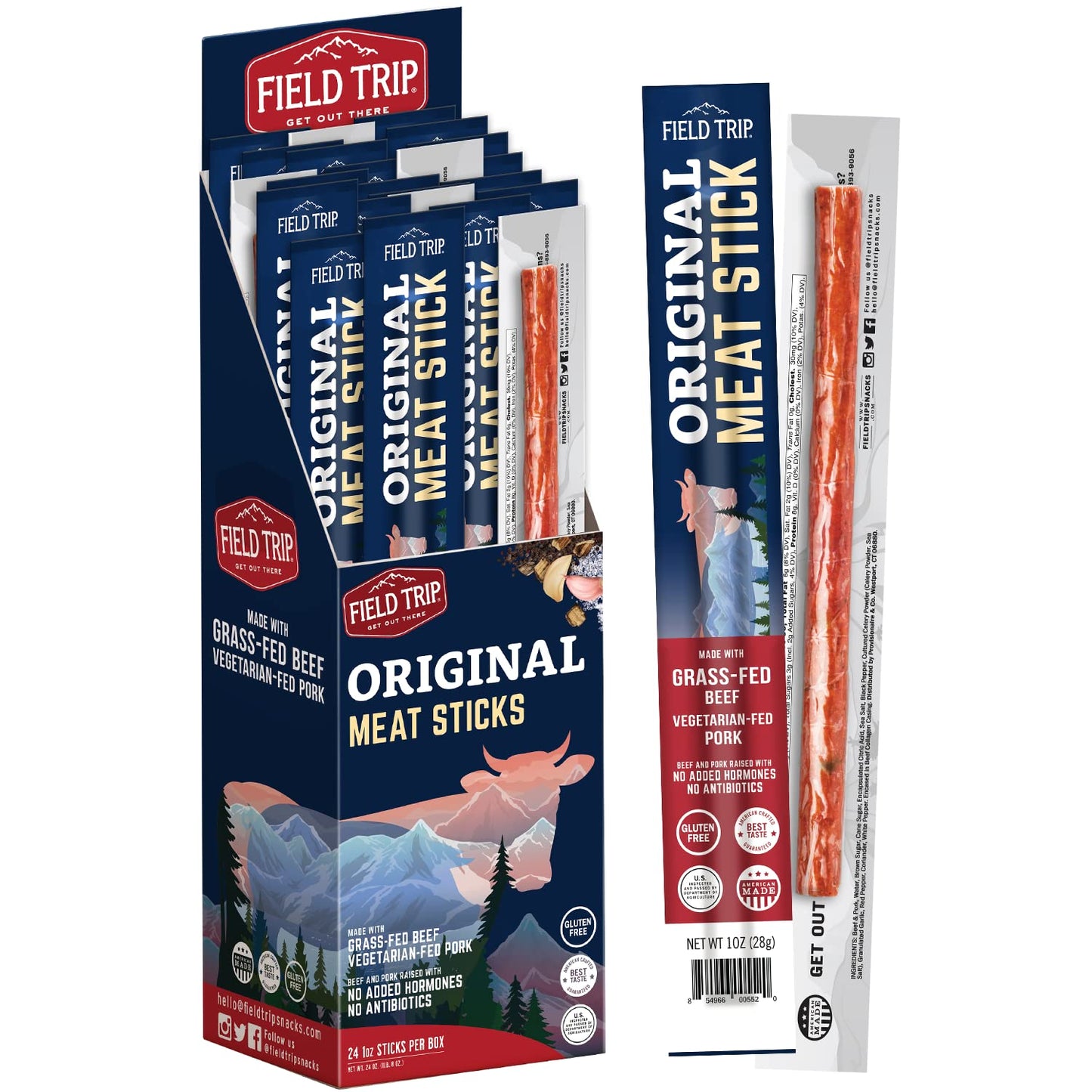 Field Trip Grass Fed Jerky Snack Sticks, Keto, Gluten Free, High Protein, 24 oz, Original Sea Salt, 24 Pack
