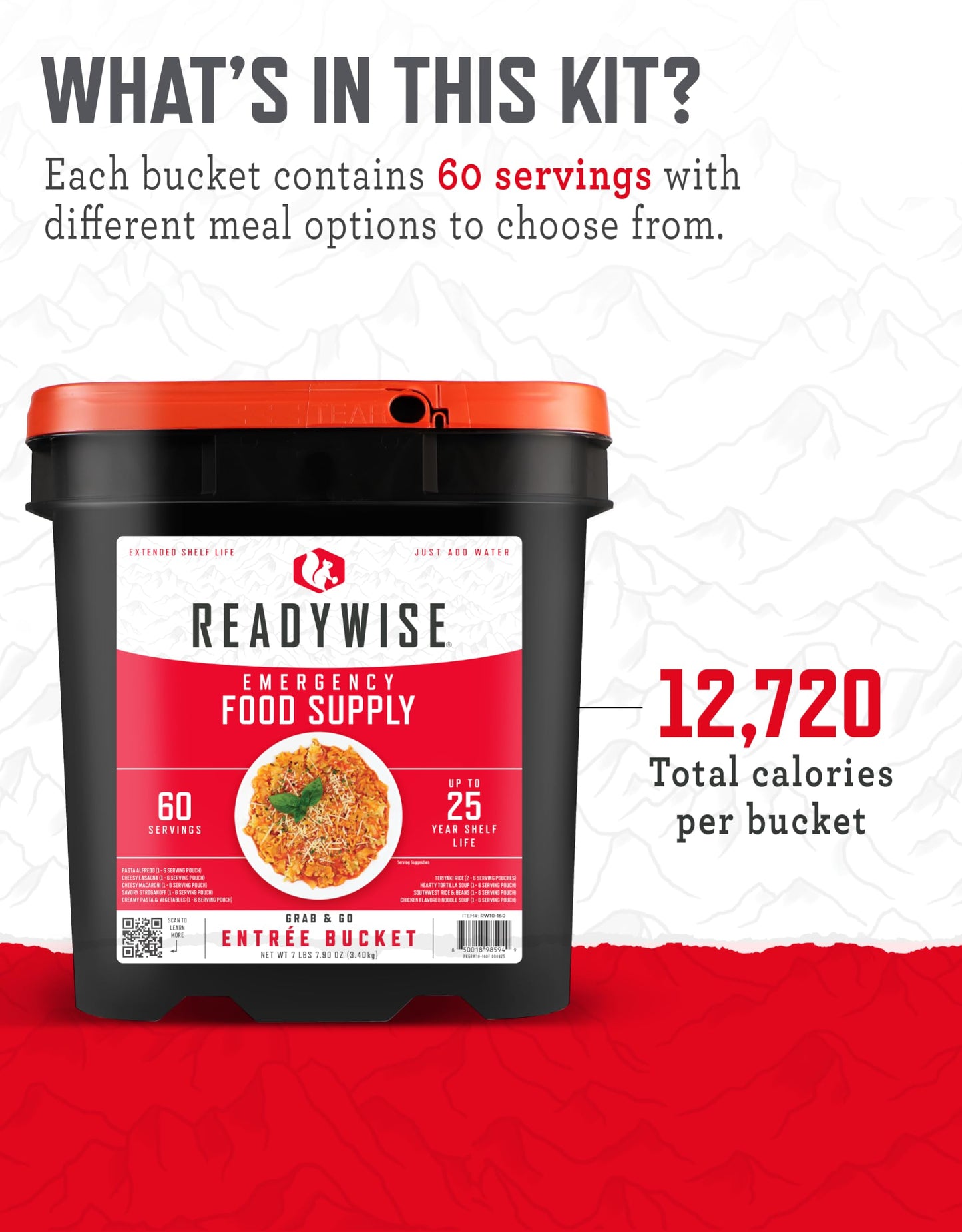 Readywise - Entr  E Grab & Go Bucket, 60 Servings, Emergency, Mre Supply, Premade, Freeze Dried Survival Food For Hiking, Advent