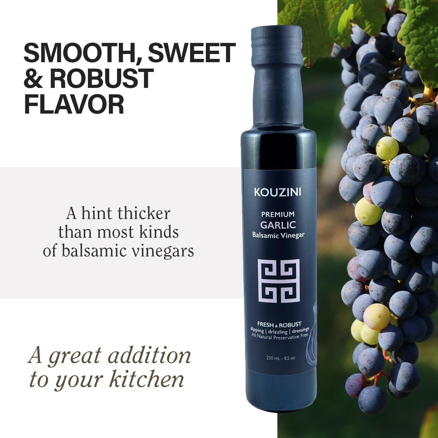 Kouzini Ultra Premium Garlic Balsamic Vinegar, Aged Balsamic Vinegars From Modena, Italy, Premium, Smooth & Full-Bodied Flavor,