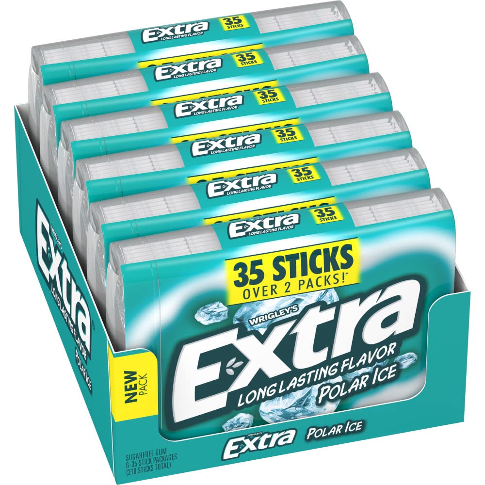 Extra Gum Polar Ice, Bulk Chewing Gum Sugar-Free, Mega Pack Of 6 With 35 Sticks Each