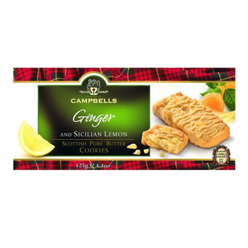 Campbells Shortbread Pure Butter Cookies with Stem Ginger & Sicilian Lemon, 4.41 Oz, Yellowish-Orange, Gourmet British Tea Biscuits