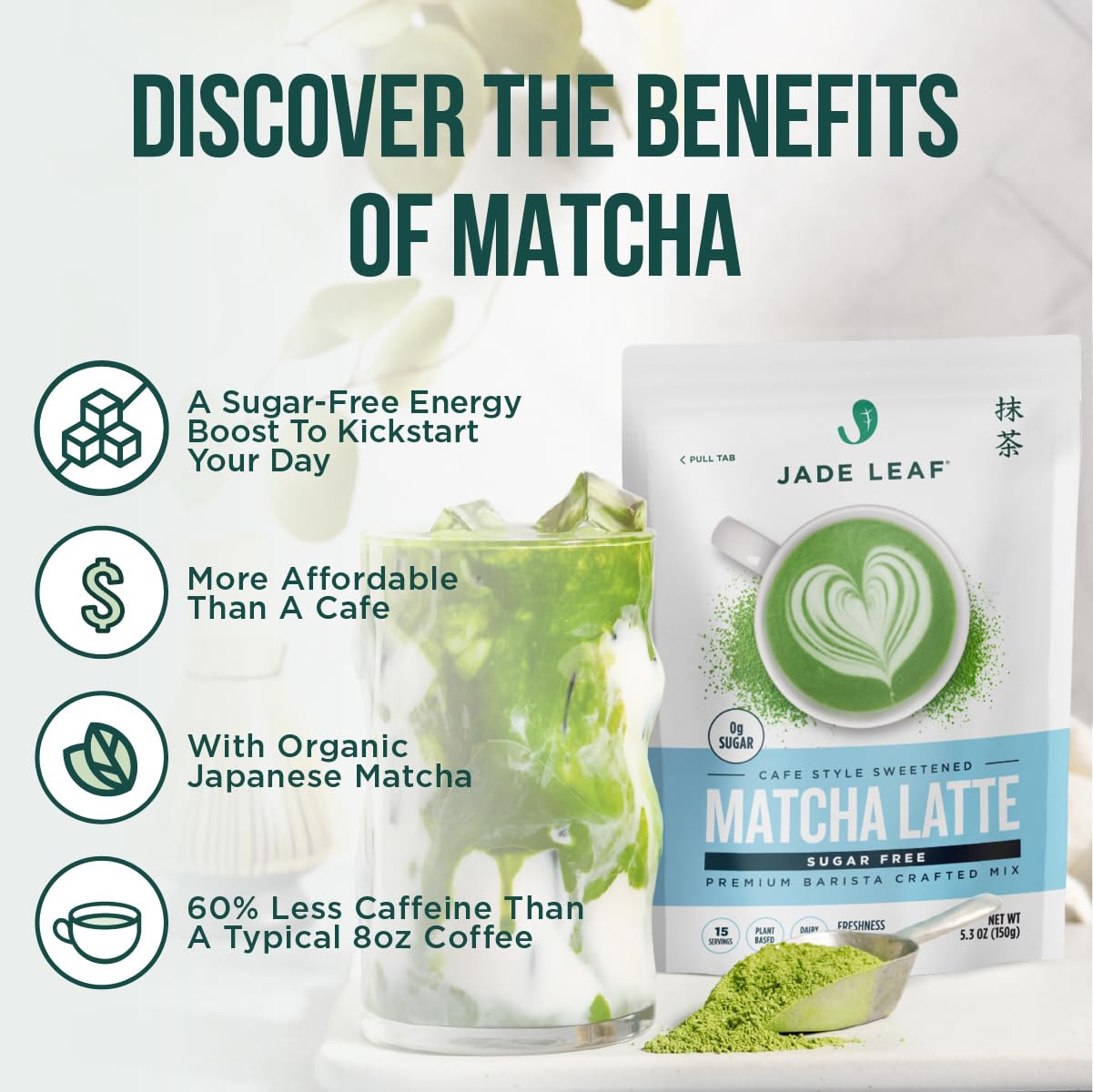 Jade Leaf Matcha Organic Sugar Free Matcha Latte Mix - 15 Servings - Green Tea Powder - Authentic Japanese Origin - 5.3 Ounce Pouch
