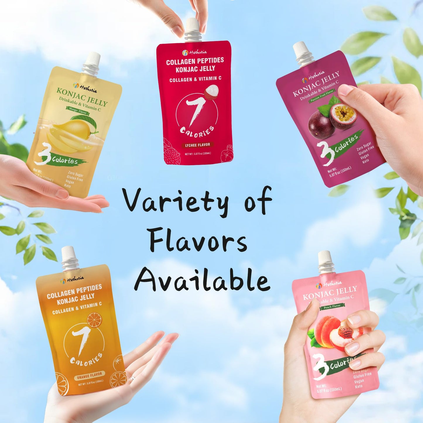 Hethstia Konjac Jelly Drinkable Pouch Variety Pack - Low Calorie, 0 Sugar, Gluten-Free, Collagen Peptides & Vitamin C - 10 Pack