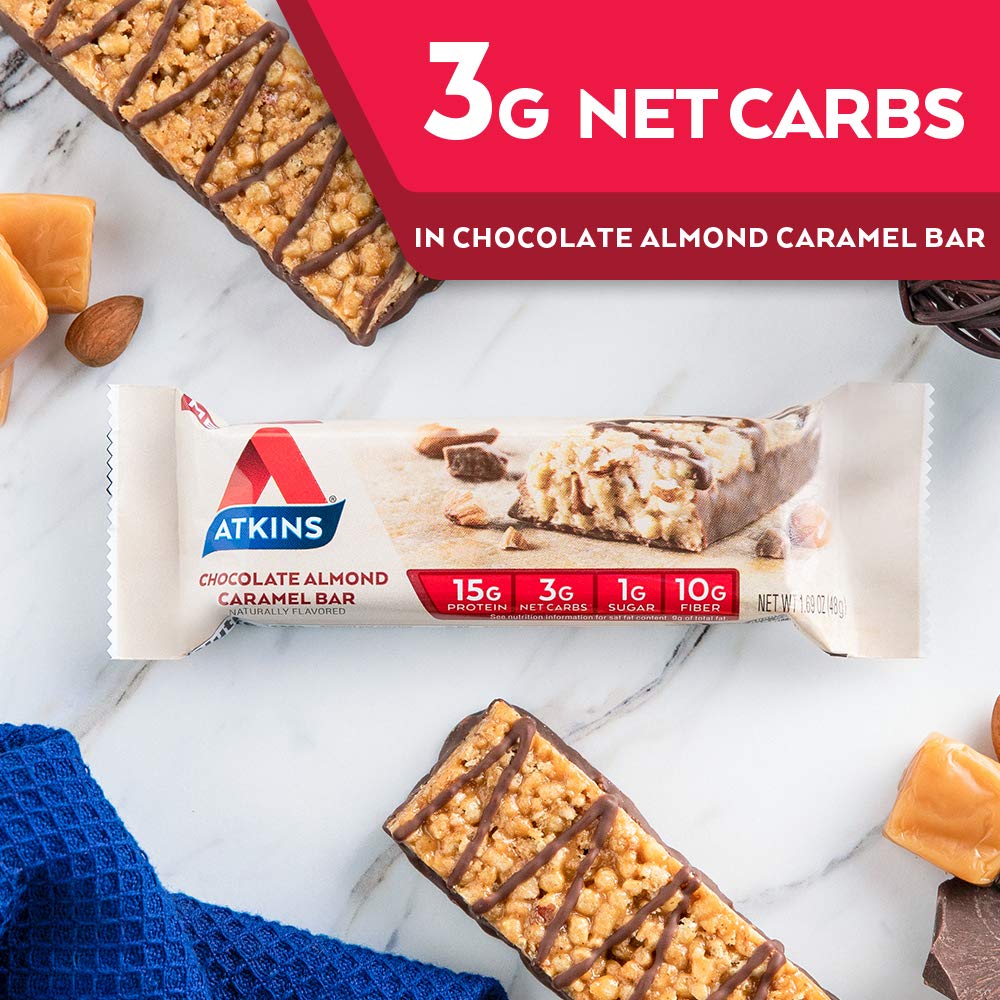 Atkins Chocolate Almond Caramel Protein Meal Bar, High Fiber, 15g Protein, 1g Sugar, 3g Net Carbs, Meal Replacement, Keto Friend