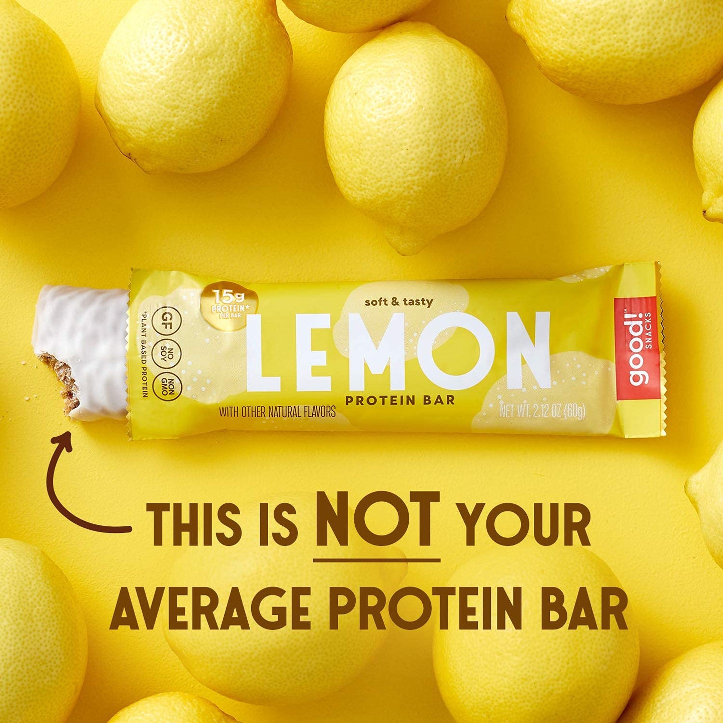 Good! Snacks Vegan Lemon Protein Bar | Gluten-Free, Plant Based, Low Sugar, Kosher, Soy Free, Non Gmo | 15G Protein (12 Bars)