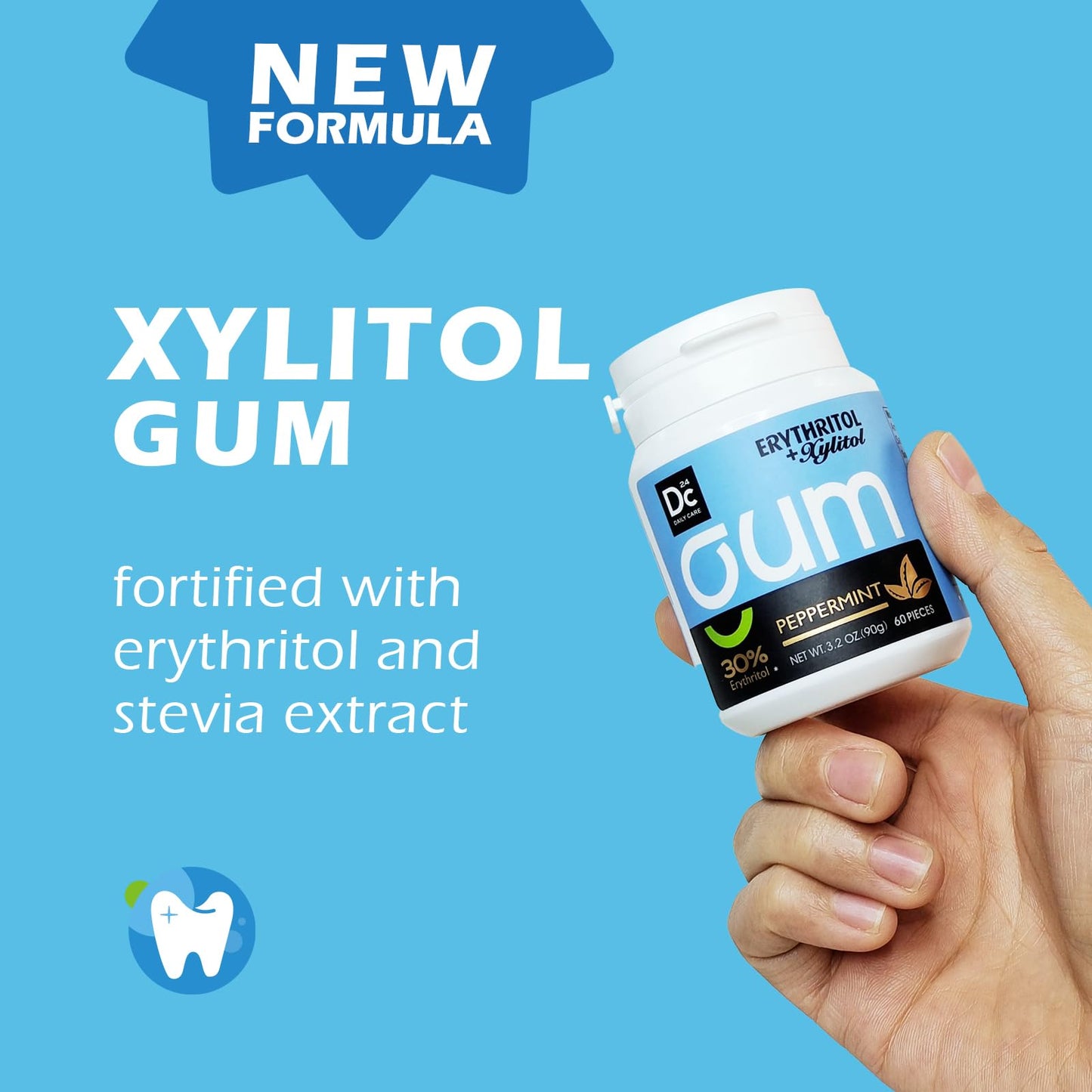 DC24 DAILY CARE Xylitol Chewing Gum, Sugar-Free, Natural Peppermint, 60 Count (Pack of 1)