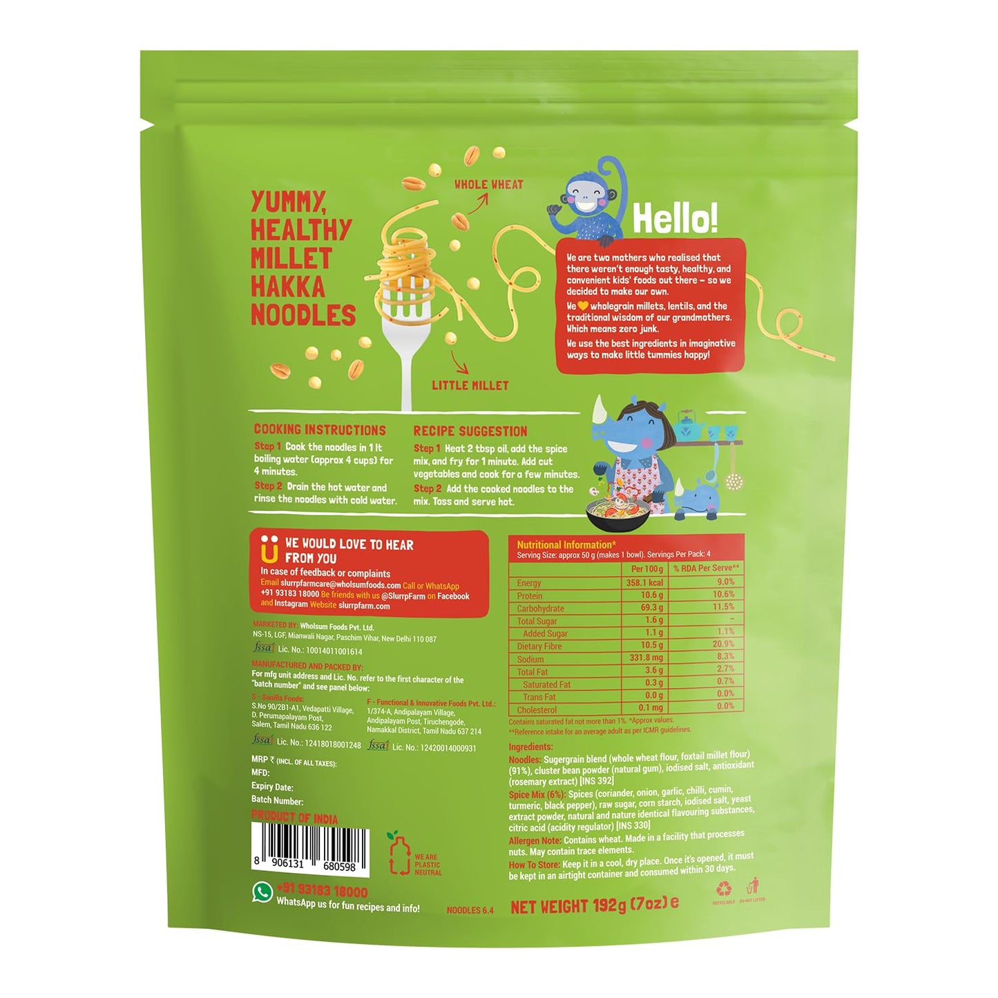 Slurrp Farm No Maida Hakka Noodles Combo, Not Fried, No Msg, Classic, Mild And Curry Masala Millet Noodles, Pack Of 3 X 192 G