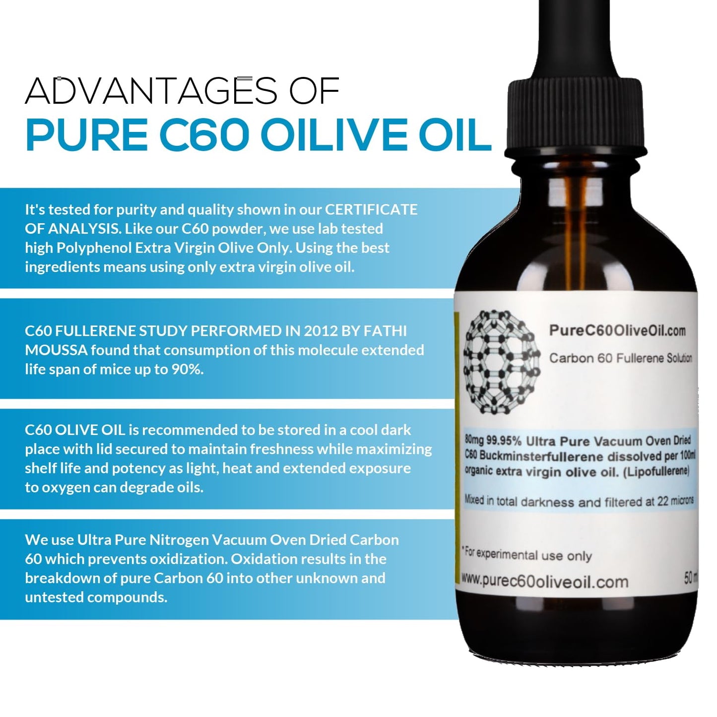Purec60Oliveoil C60 Olive Oil 50Ml / 1.7 Fl Oz - 99.95% Carbon 60 Solvent Free 40Mg - Amber Glass Bottle - Food Grade - Carbon 6