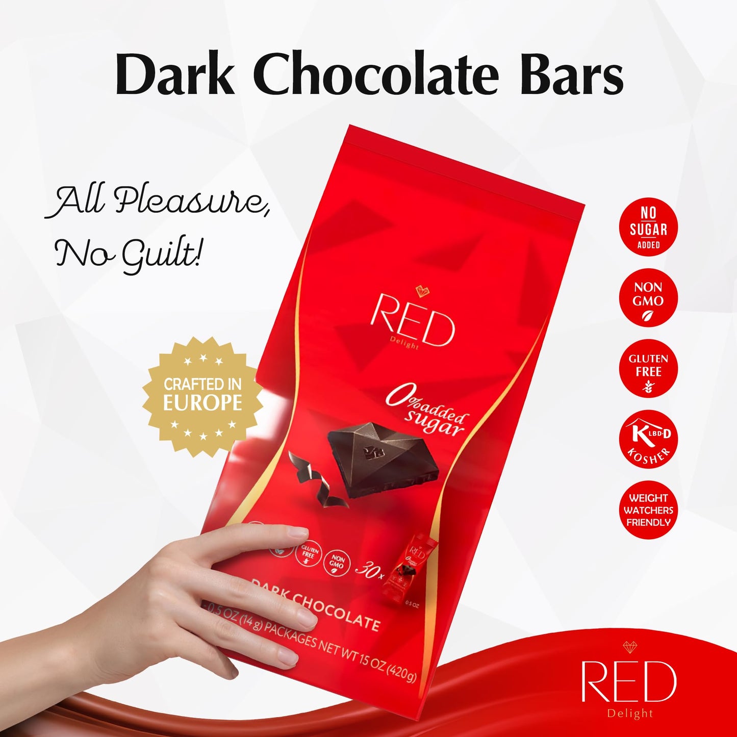Red Delight Snack Size Dark Chocolate Bars - Low Carb, Gluten-Free - 30oz Pack of 60, Brown