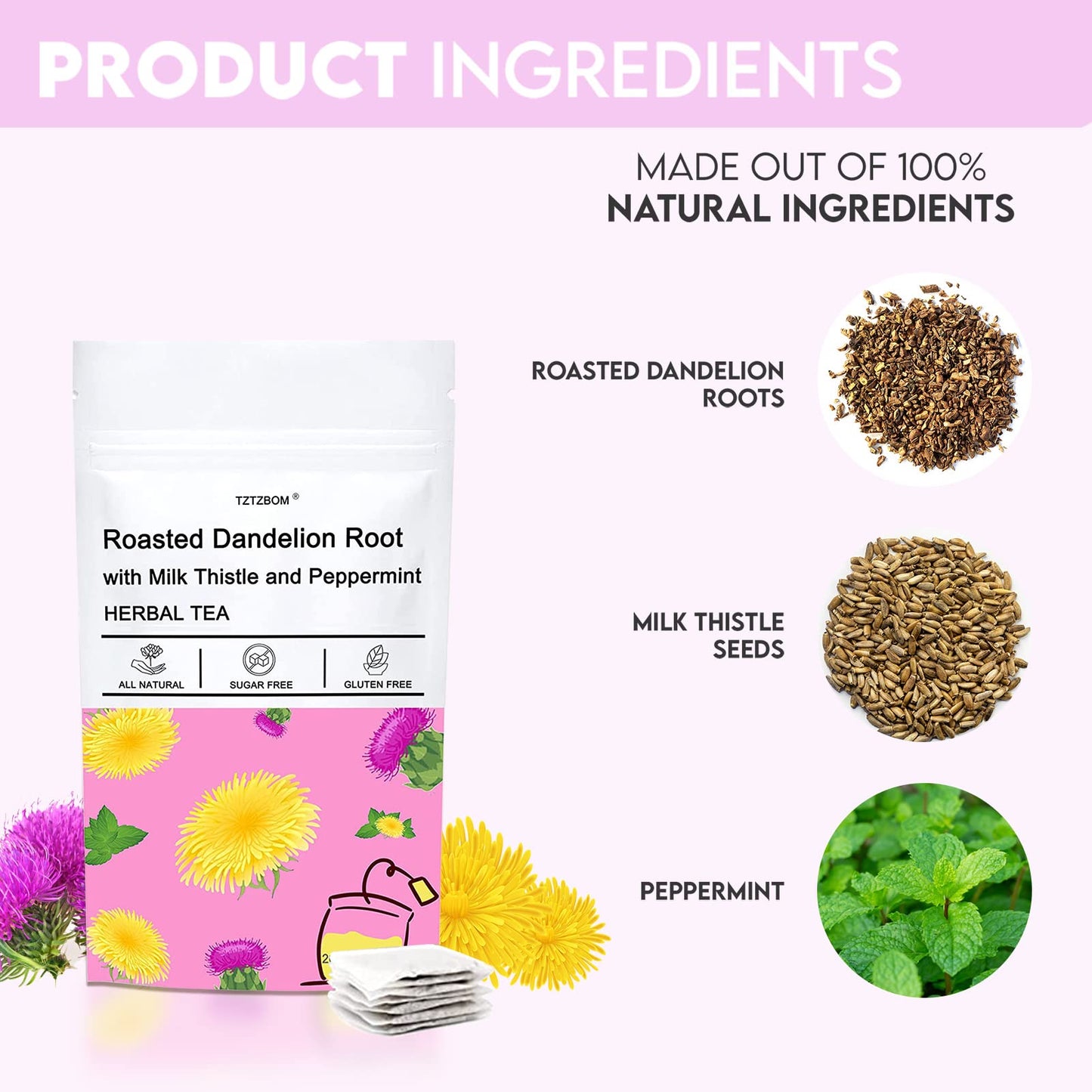 Tztzbom Natural Roasted Dandelion Root With Milk Thistle And Peppermint, Herbal Tea For Liver Cleansing, 20 Tea Bags