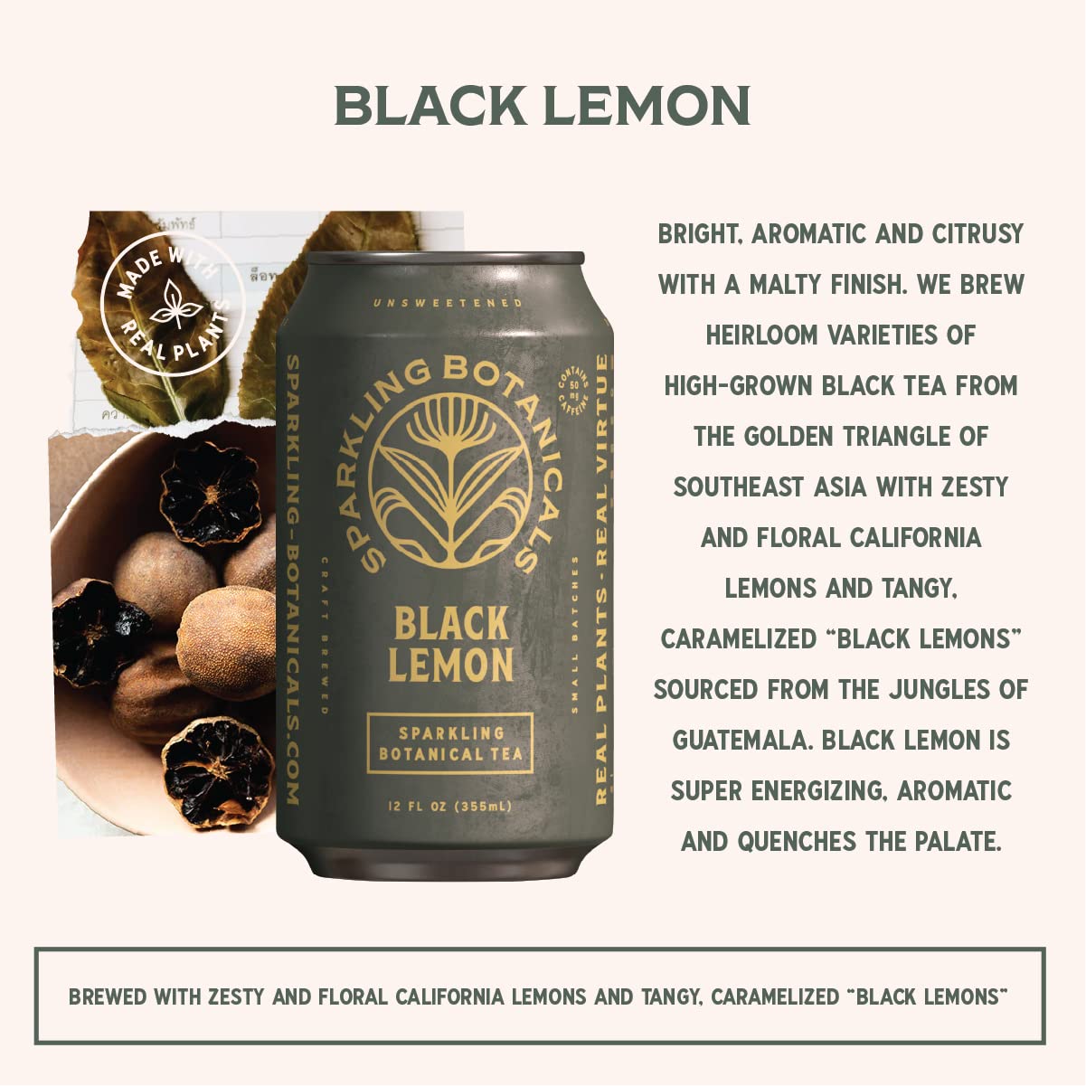 Rishi Tea Black Lemon Sparkling Botanicals Sparkling Water - Organic, Unsweetened, Zero Added Sugar, Caffeinated, Craft-Brewed F