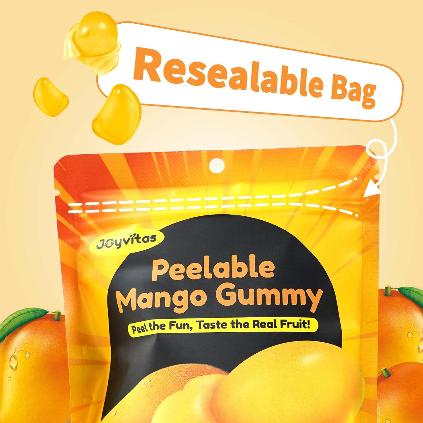 Joyvitas Peelable Gummy Mango Candy - Low Sugar, Individually Wrapped, Pack of 8 (25.4oz) - Perfect for Christmas Gifts and Stocking Stuffers