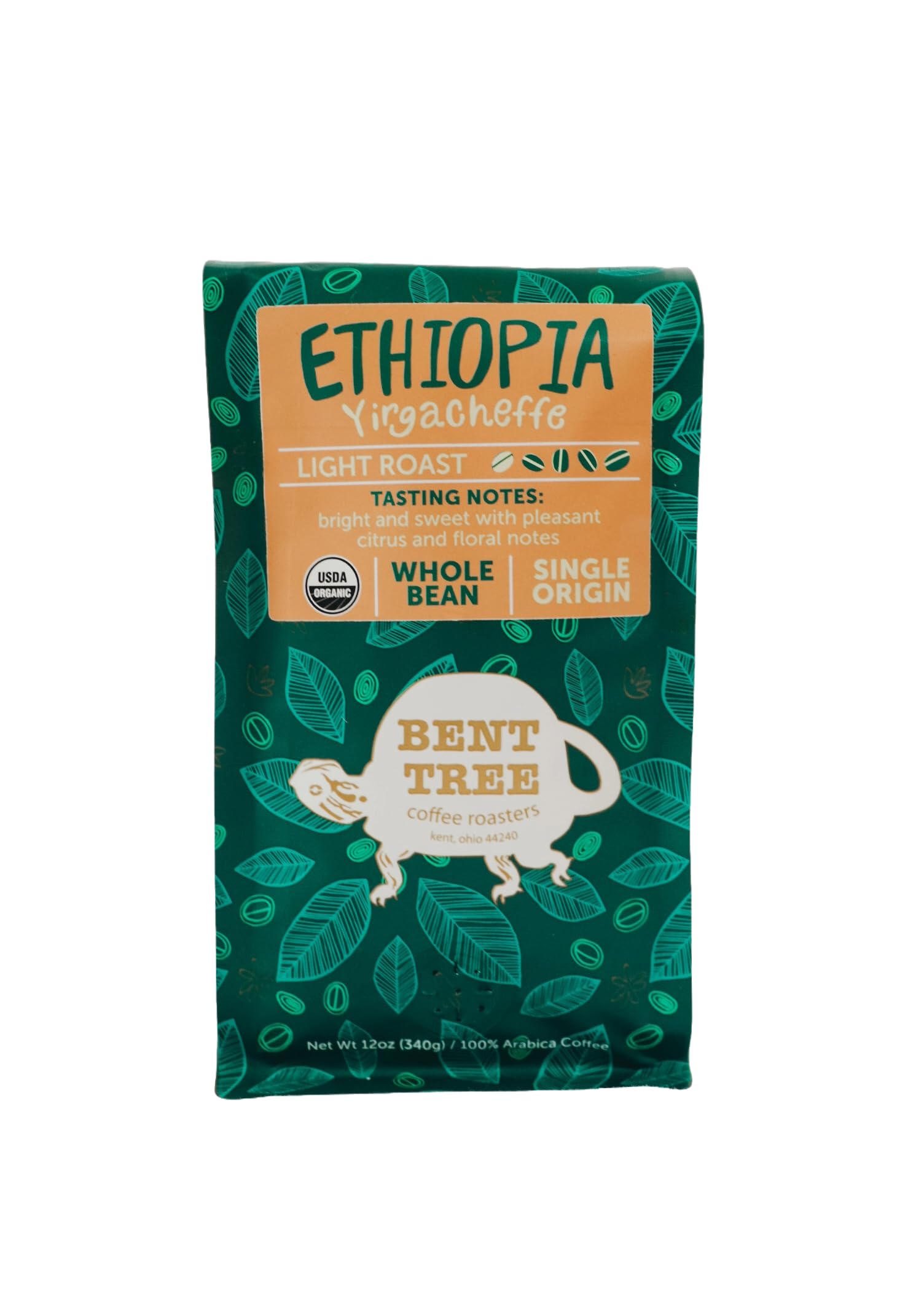 Bent Tree Coffee Roasters Organic Whole Bean Coffee, Light Roast, Ethiopia Yirgacheffe, 12oz, Bright & Sweet Citrus Notes