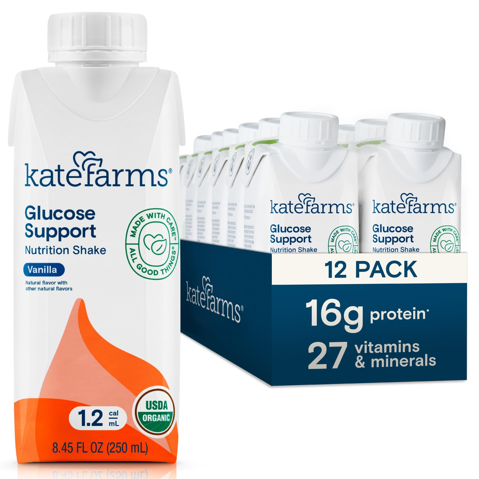 KATE FARMS Organic 1.2 Glucose Support Shake, Vanilla, 16g Protein, 27 Vitamins and Minerals, Diabetic Nutrition Meal Replacemen