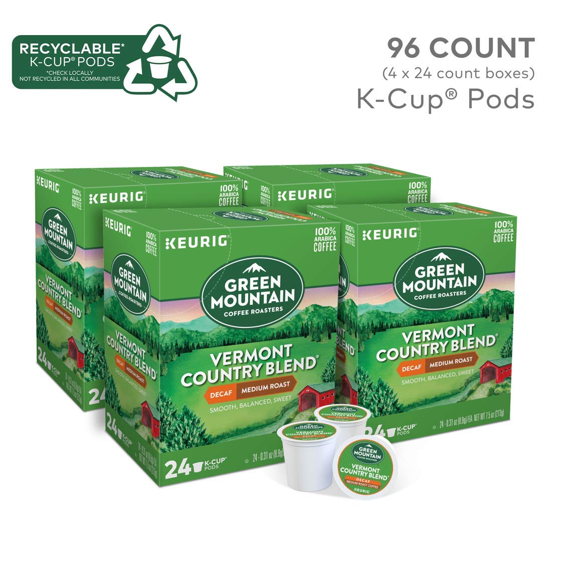 Green Mountain Coffee Roasters Vermont Country Blend Decaf, Keurig Single-Serve K-Cup Pods, Medium Roast Coffee, 96 Count