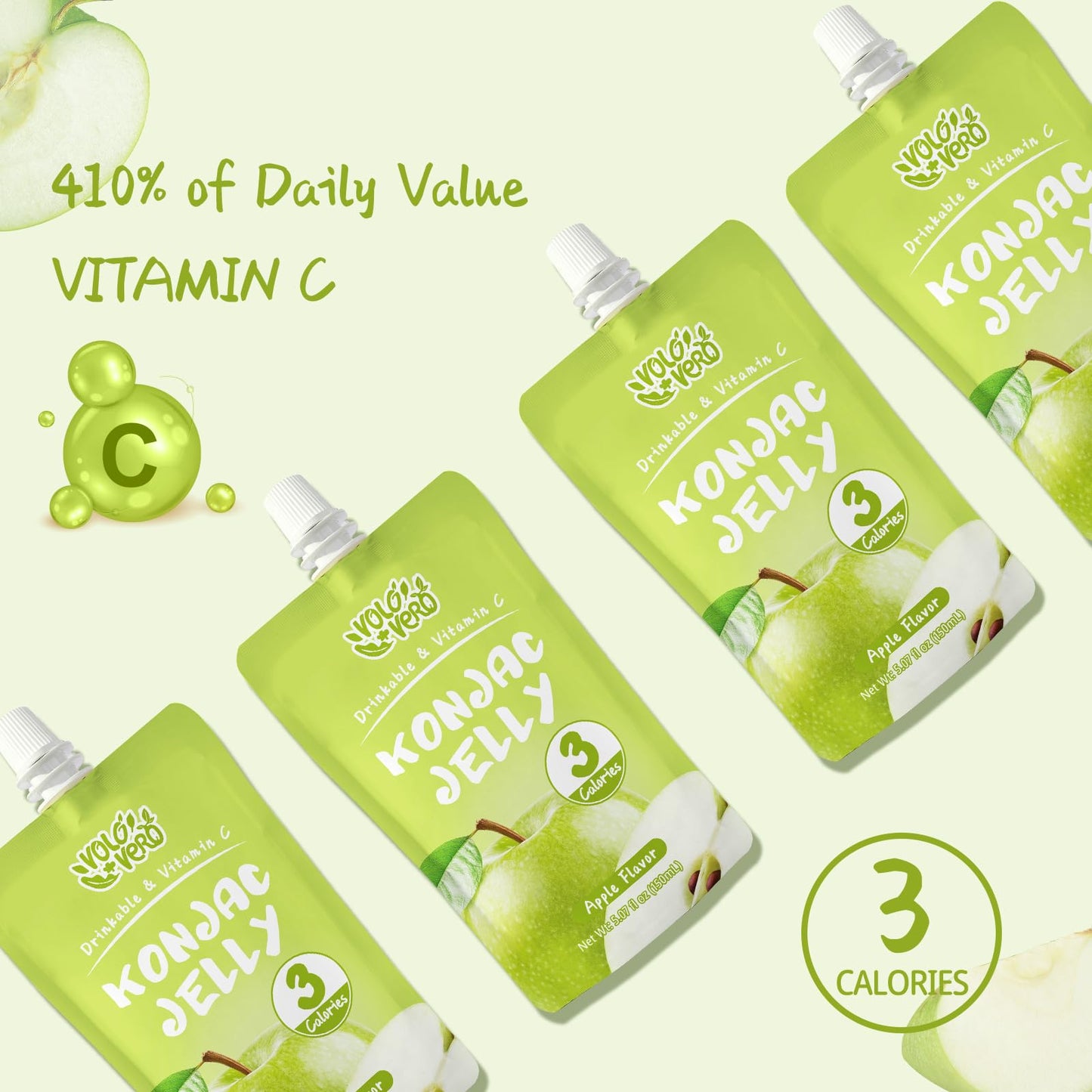 VOLO VERO Konjac Jelly Squeeze Pouch Apple Flavor, Low Calories (3 Kcal), 10 Packs, Gluten Free & Vegan, 0 Sugar, Keto, Low Carb