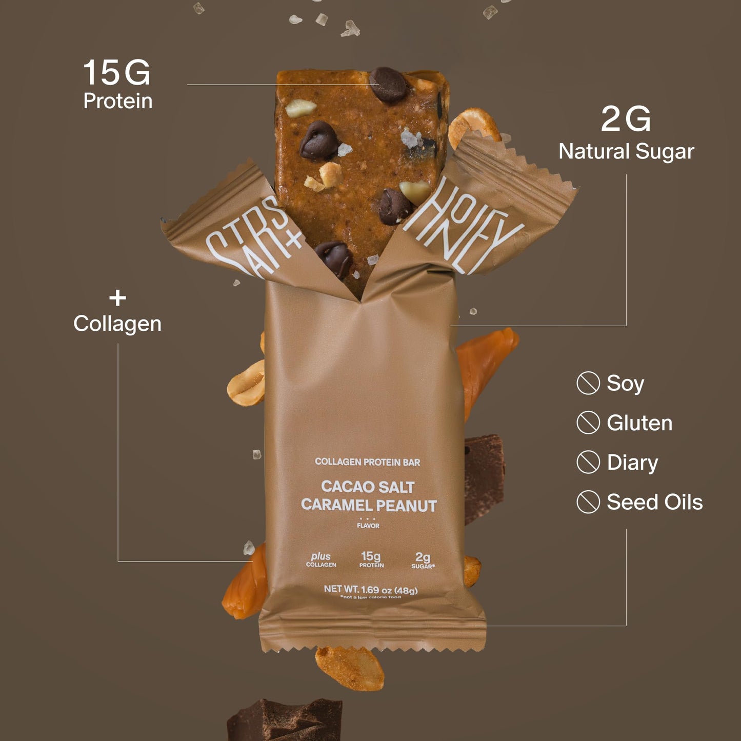 Stars + Honey Protein Bars- Cacao Salt Caramel Peanut,15g Protein, 2g Sugar, w/ Collagen Keto Friendly Snack - Gluten, Dairy, &