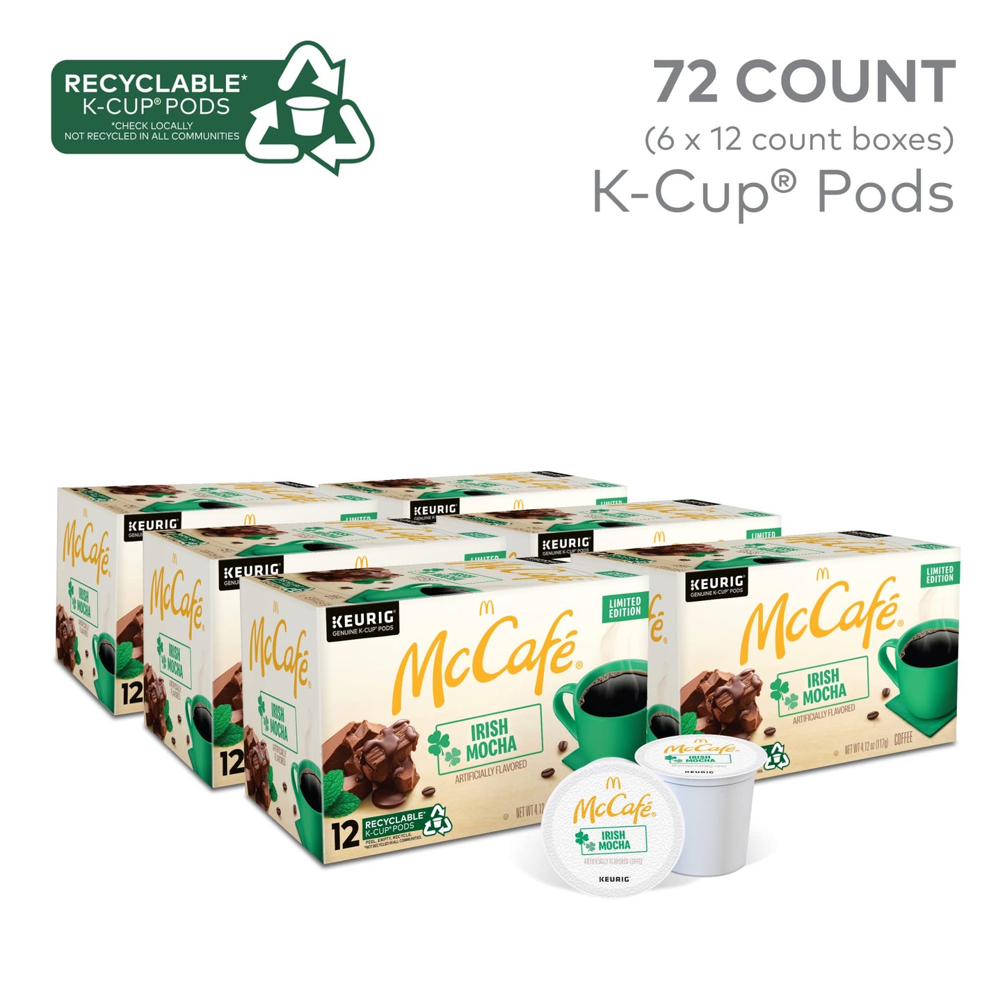McCafe Irish Mocha Flavored Coffee K-Cup Pods, 72 Count (6 Packs of 12), Beige