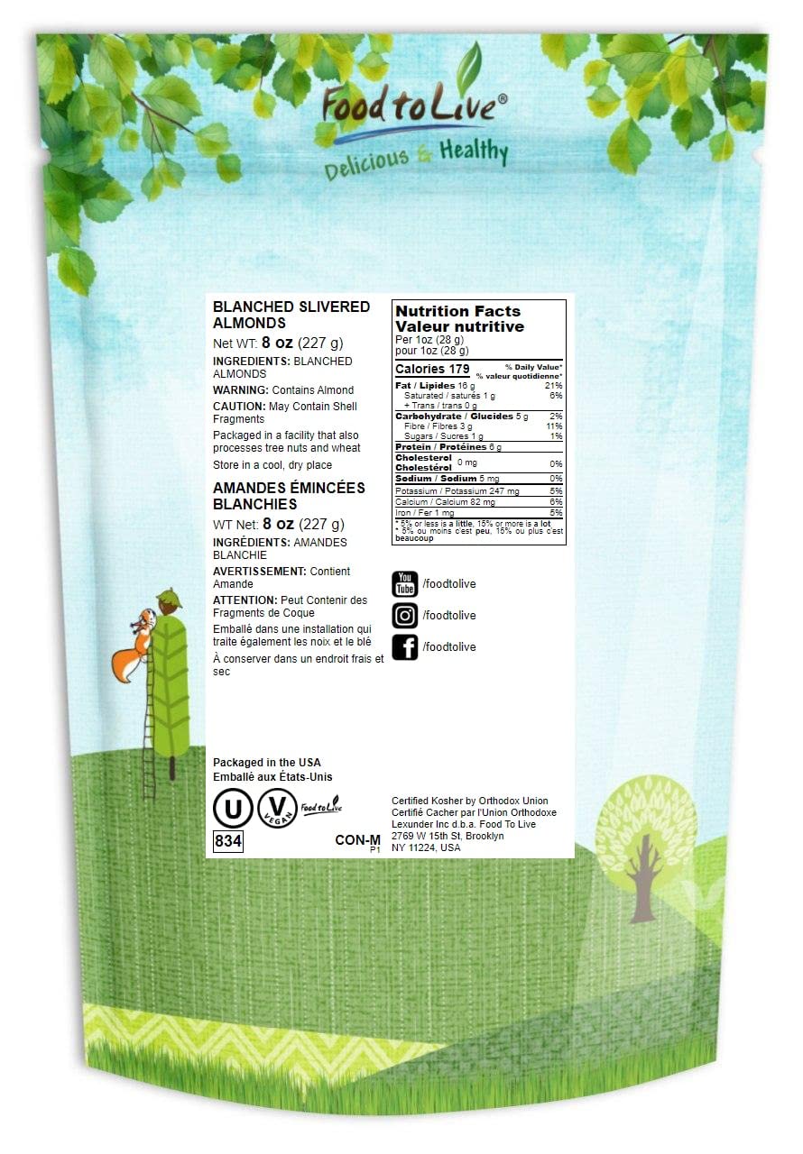 Food To Live - Blanched Slivered Almonds, 8 Ounces Chopped Raw Blanched Almonds, Unsalted, Vegan, Keto, Kosher, Bulk. High In Pr