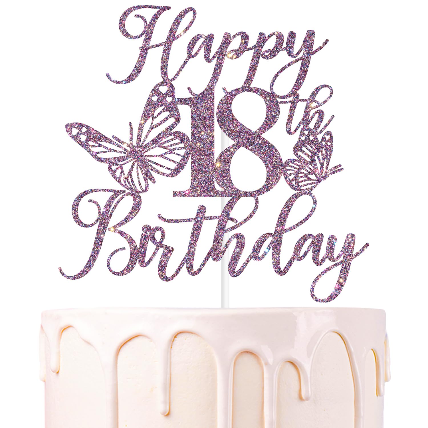 We Can Bearly Wait Purple Glitter 18th Birthday Cake Topper, Butterfly Theme, 6x8.7 inches, Paper