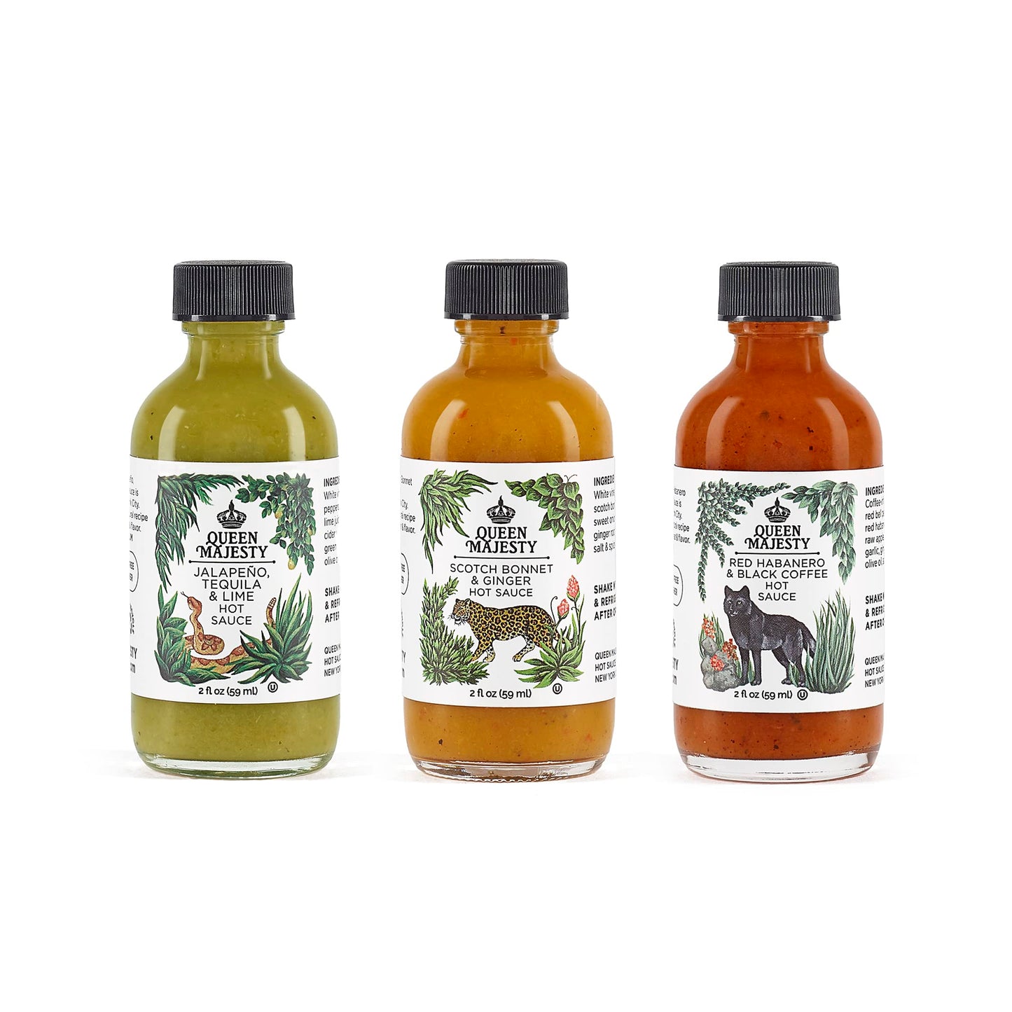 Queen Majesty Hot Sauce Sampler - Mini 2 oz (Pack of 3) - Jalapeño, Scotch Bonnet, Red Habanero - All Natural, Vegan, Gluten Free
