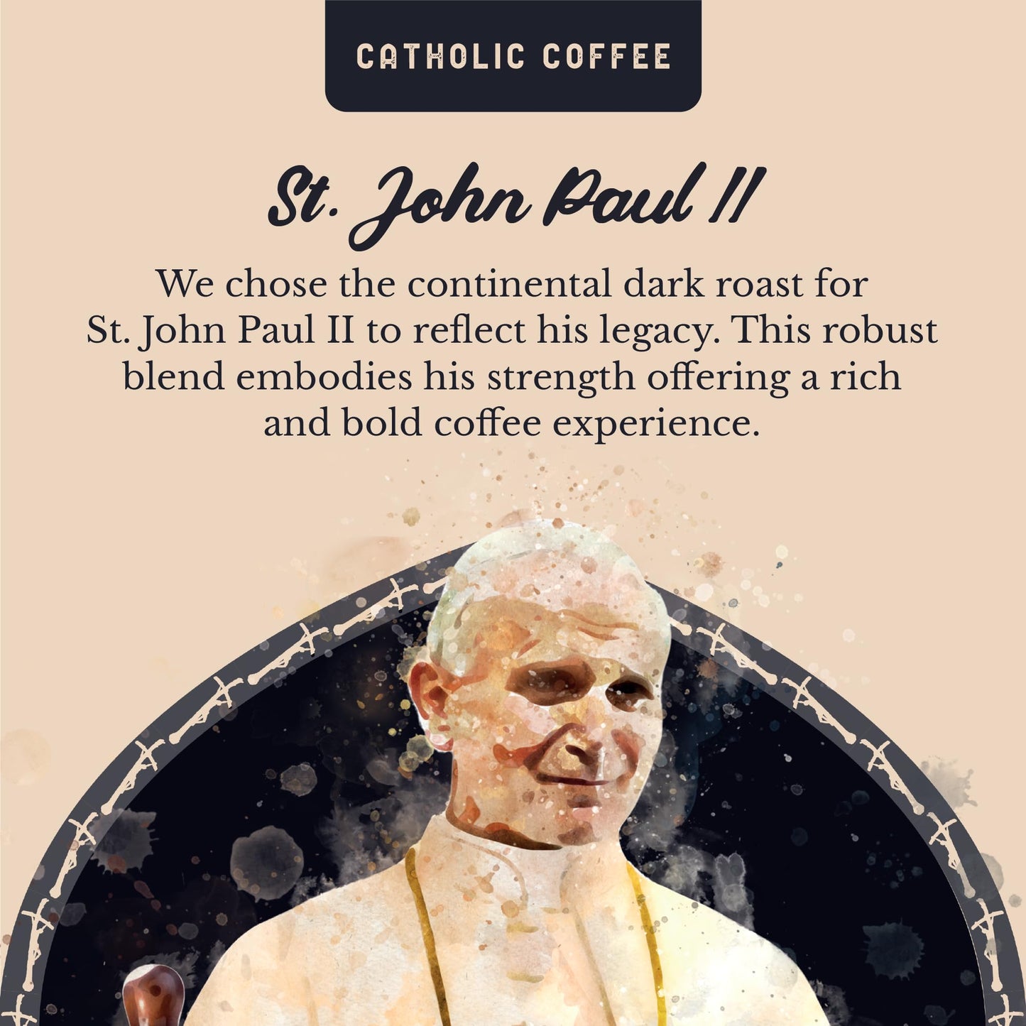 Catholic Coffee Pods - Pope St. John Paul II Peruvian Dark Roast, Cedar & Chocolate Notes, 12 Count