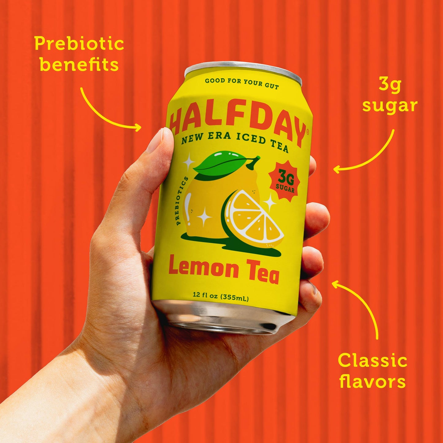 Halfday Prebiotic Lemon Iced Tea, 12 fl oz Cans, 12 Pack, Low Sugar, Gluten Free, Keto, Real Brewed Tea, Natural Caffeine