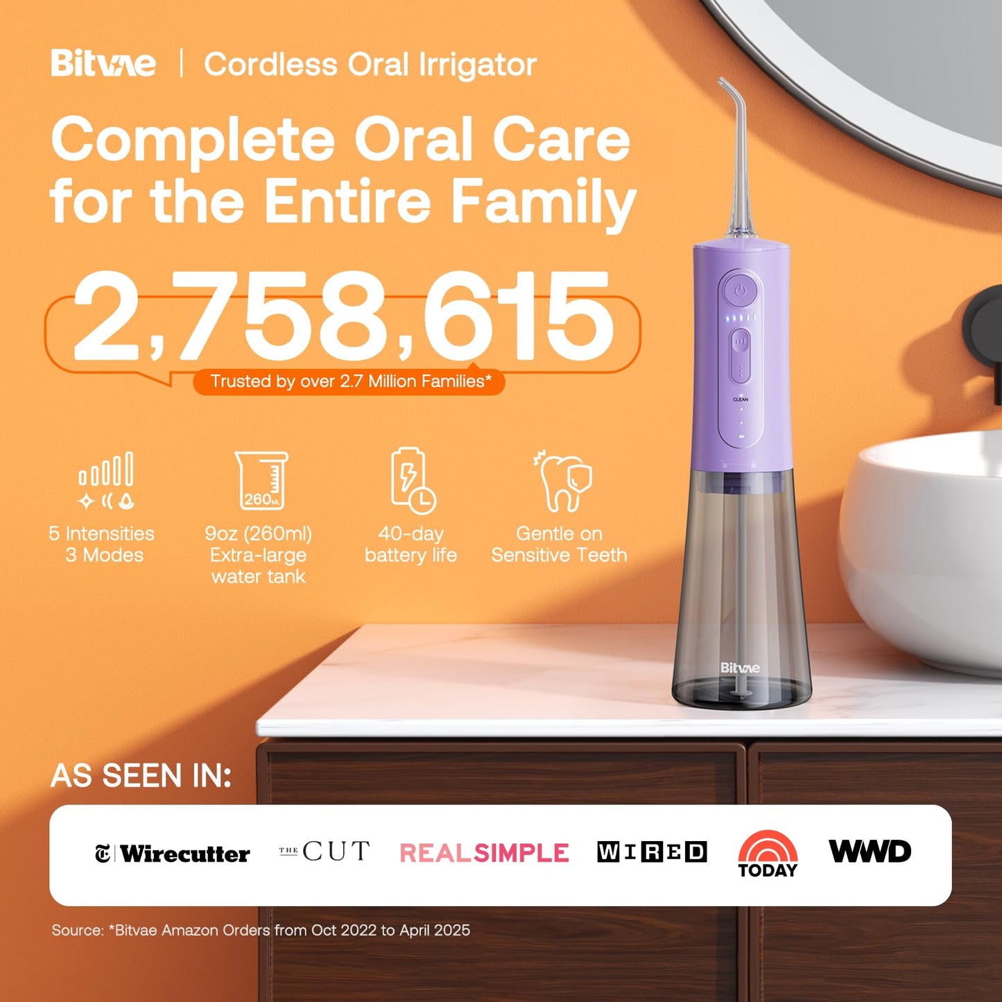 Bitvae Cordless Water Dental Flosser For Teeth, Portable 300Ml Water Teeth Cleaner Picks, 3 Cleaning Modes 6 Jet Tips, Water Den