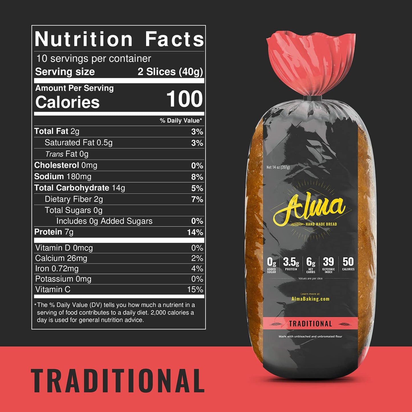Alma Baking Bread - Low Carb, Low Glycemic, Keto Friendly, Low Calorie, Sugar Free - Sliced Loaf Sandwich Bread (Traditional, 14