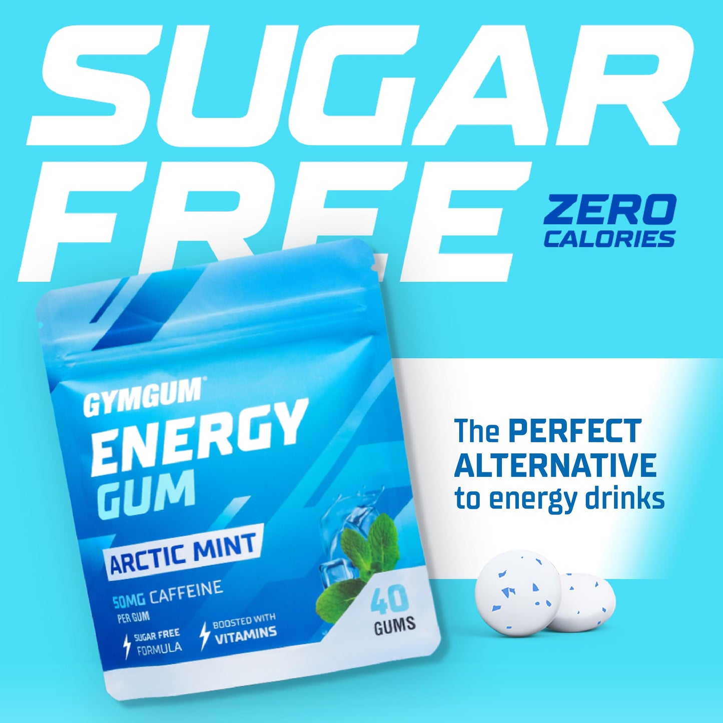 GYMGUM Energy Caffeine Gum | Sugar-Free, Keto-Friendly | 50mg Caffeine | 120 Count | Arctic Mint