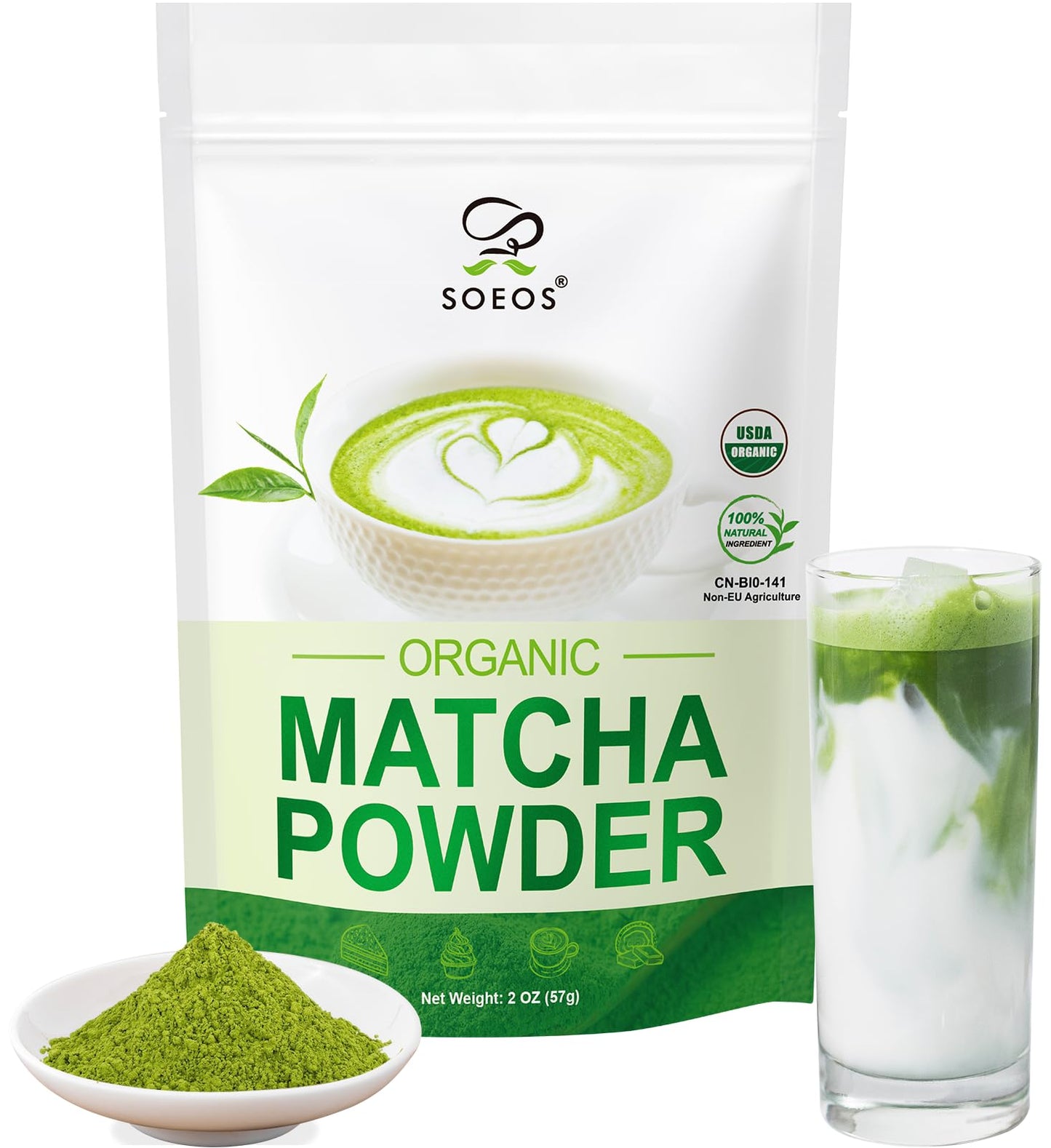 Soeos Organic Matcha Powder  Matcha Green Tea Powder  2 oz (57g)  Antioxidant-Rich Japanese Matcha for Lattes  Smoothies and Baking  Recyclable Bags